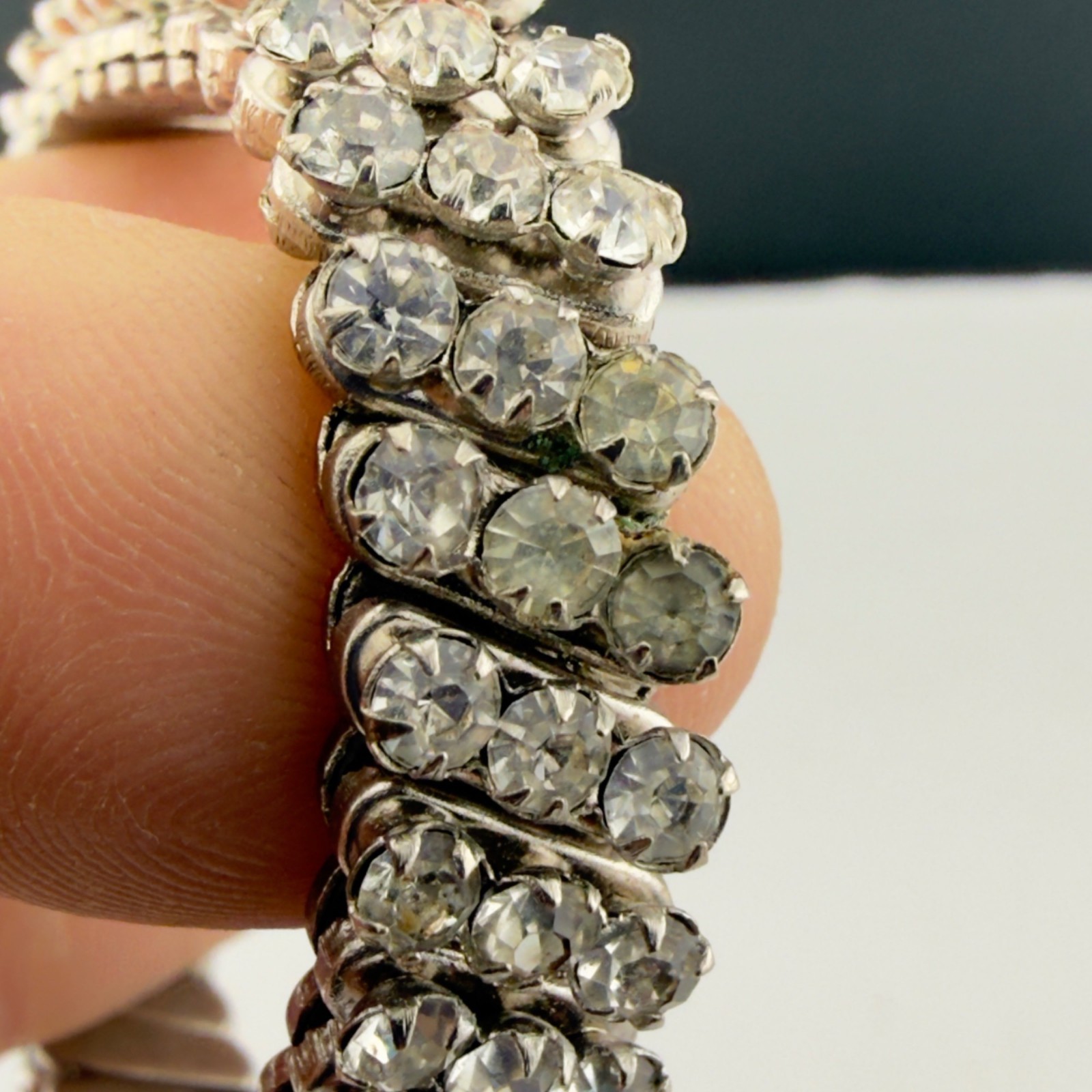 Vintage Rhinestone Expansion Bracelets Set of 2 Stretch Silver/Gold Tone 3 Row