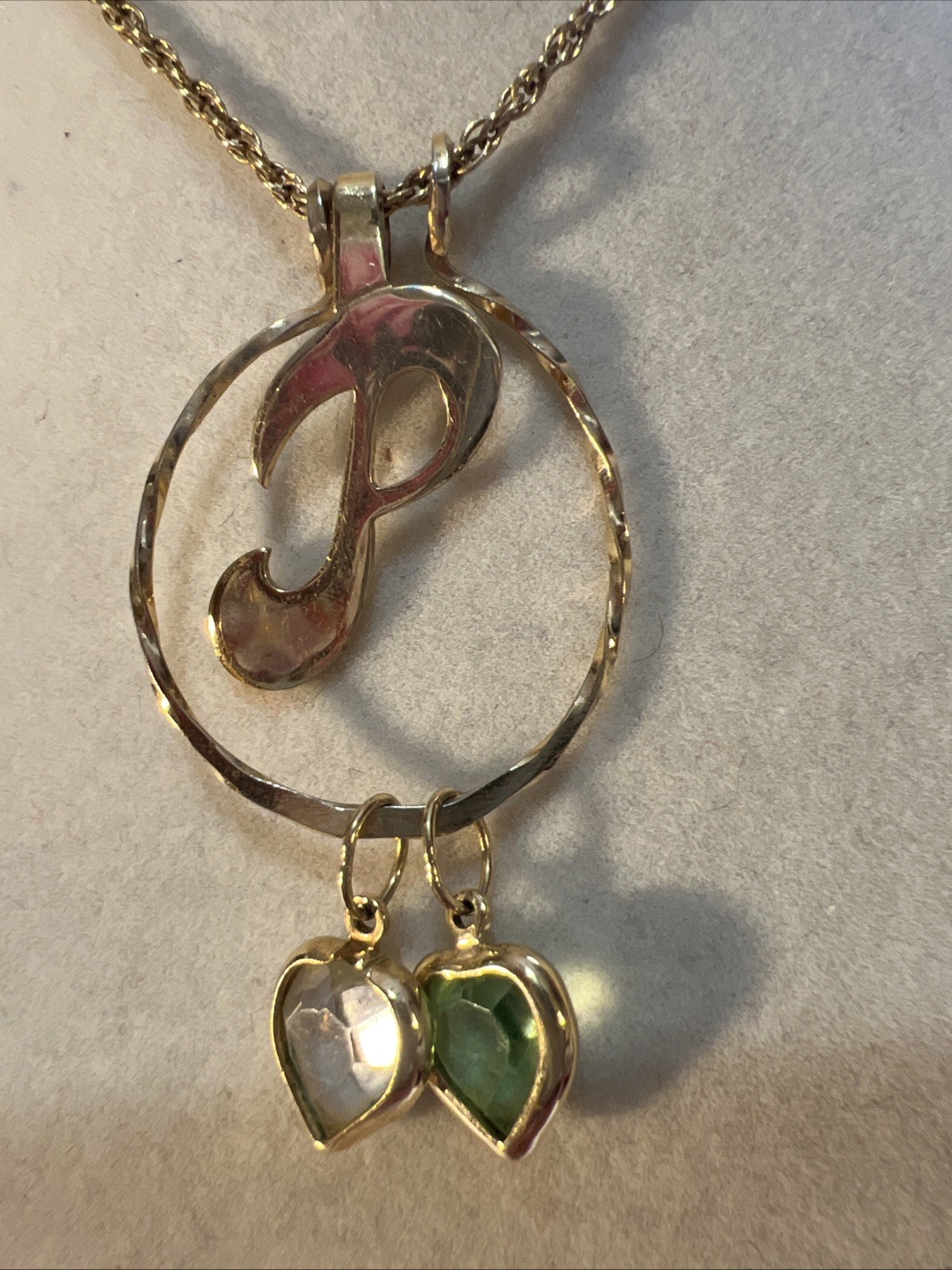 Avon Gold “letter P” Swarovski Green Clear Crystal Charms Pendant Necklace