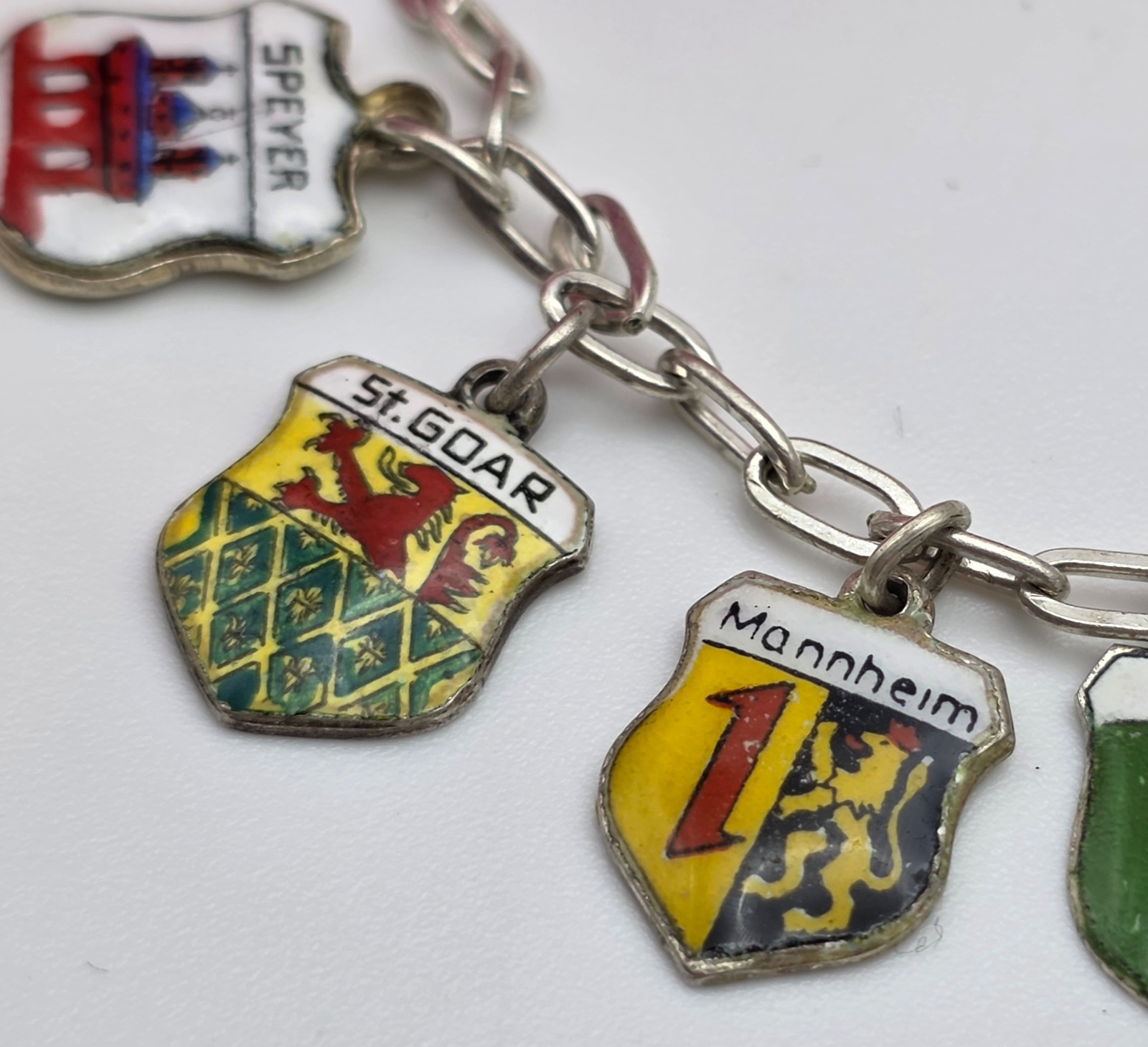 Vintage 800 Silver Enamel Travel Shield Charm Bracelet Germany Italy ANTIKO 7″