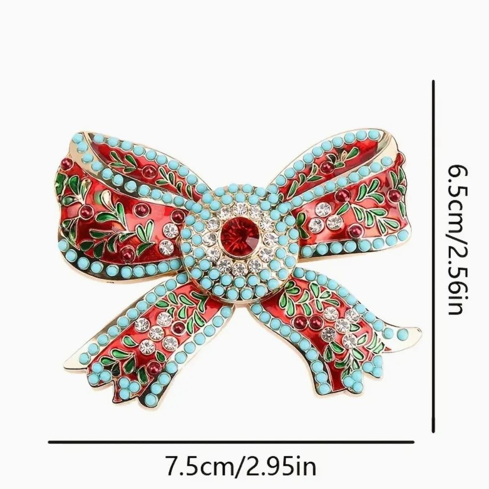 Bow Brooch Gold Tone Enamel Red Green & Turquoise