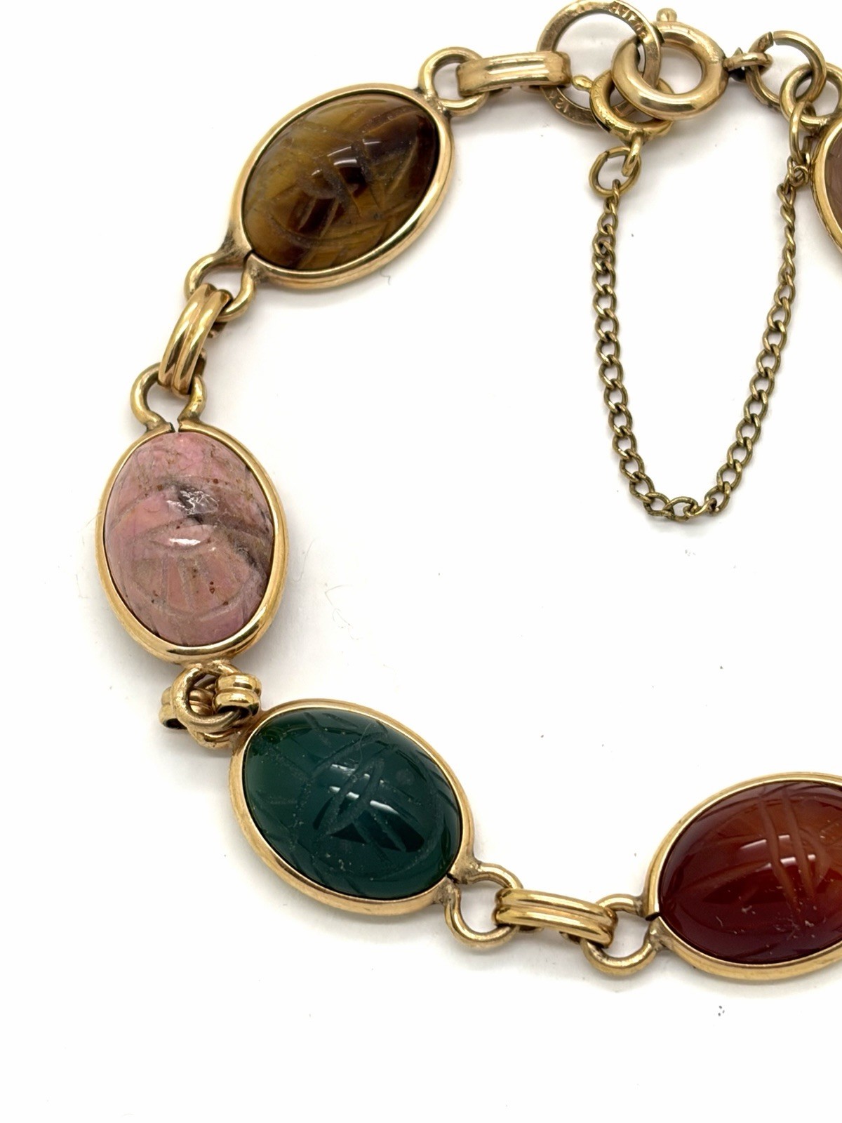 Vintage Bojar 1/20 12k G.F. 7” Scarab Gemstone Bracelet Bloodstone Carnelian