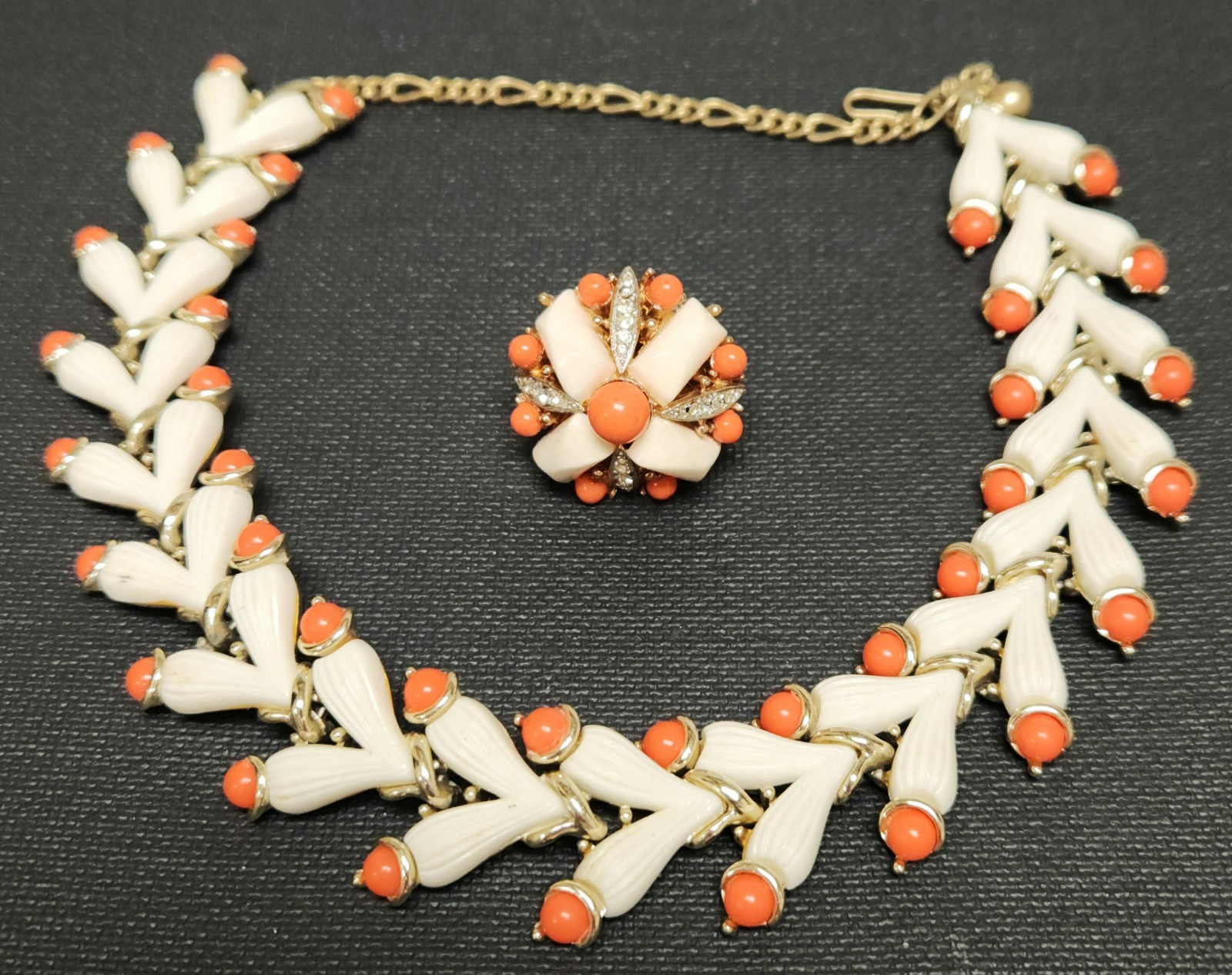 Marvella Fluted Cream & Coral Orange Color Lucite Adjustable Necklace & Ring