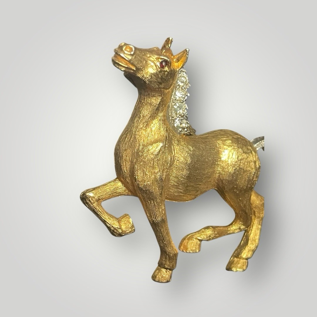 Vintage JJ Jonette Running Horse Brooch Gold Tone Rhinestone Mane Tail Pin