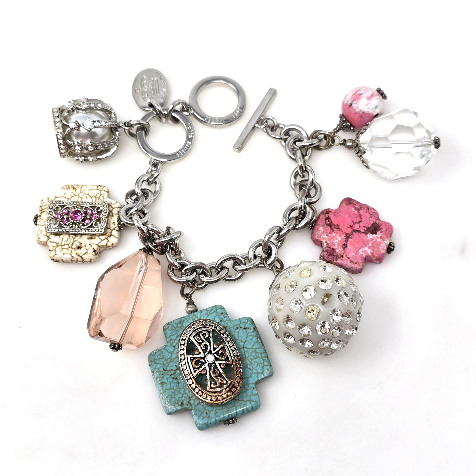 Vintage Tutti Frutti Beaded Charm Bracelet Silver Tone Stretch Heart Cross
