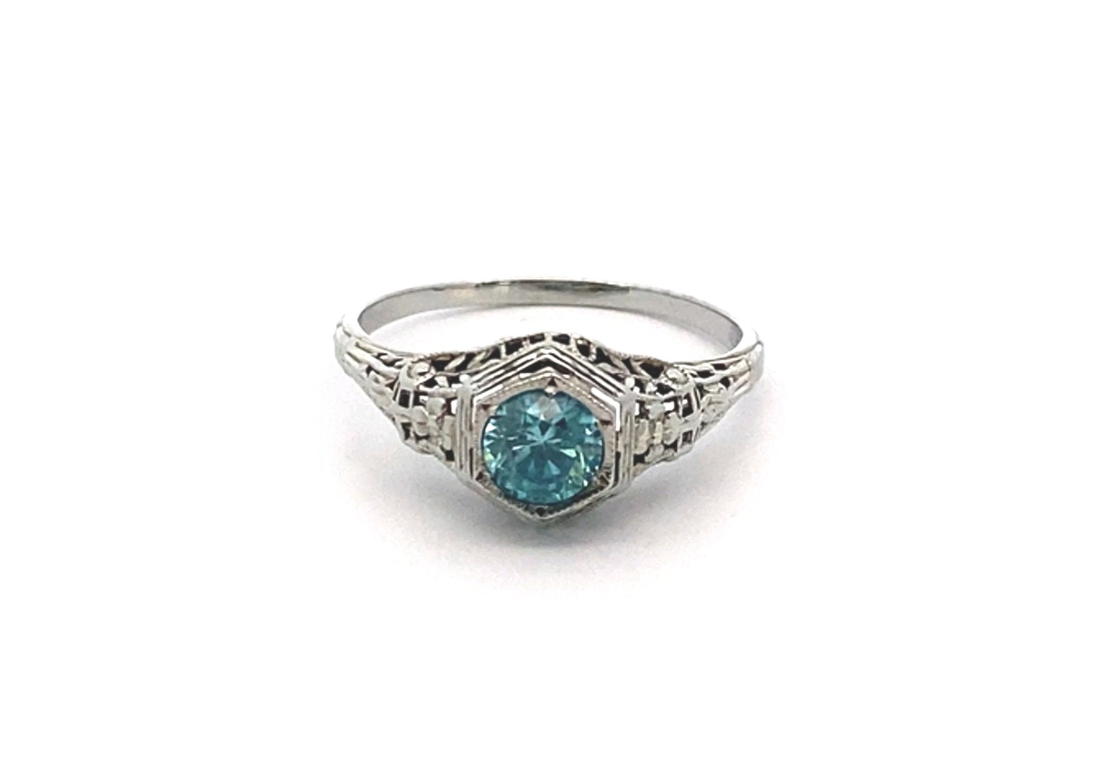Vintage 18k White Gold Art Deco Blue Topaz Solitaire Filigree Ring Sz-9 2.8g