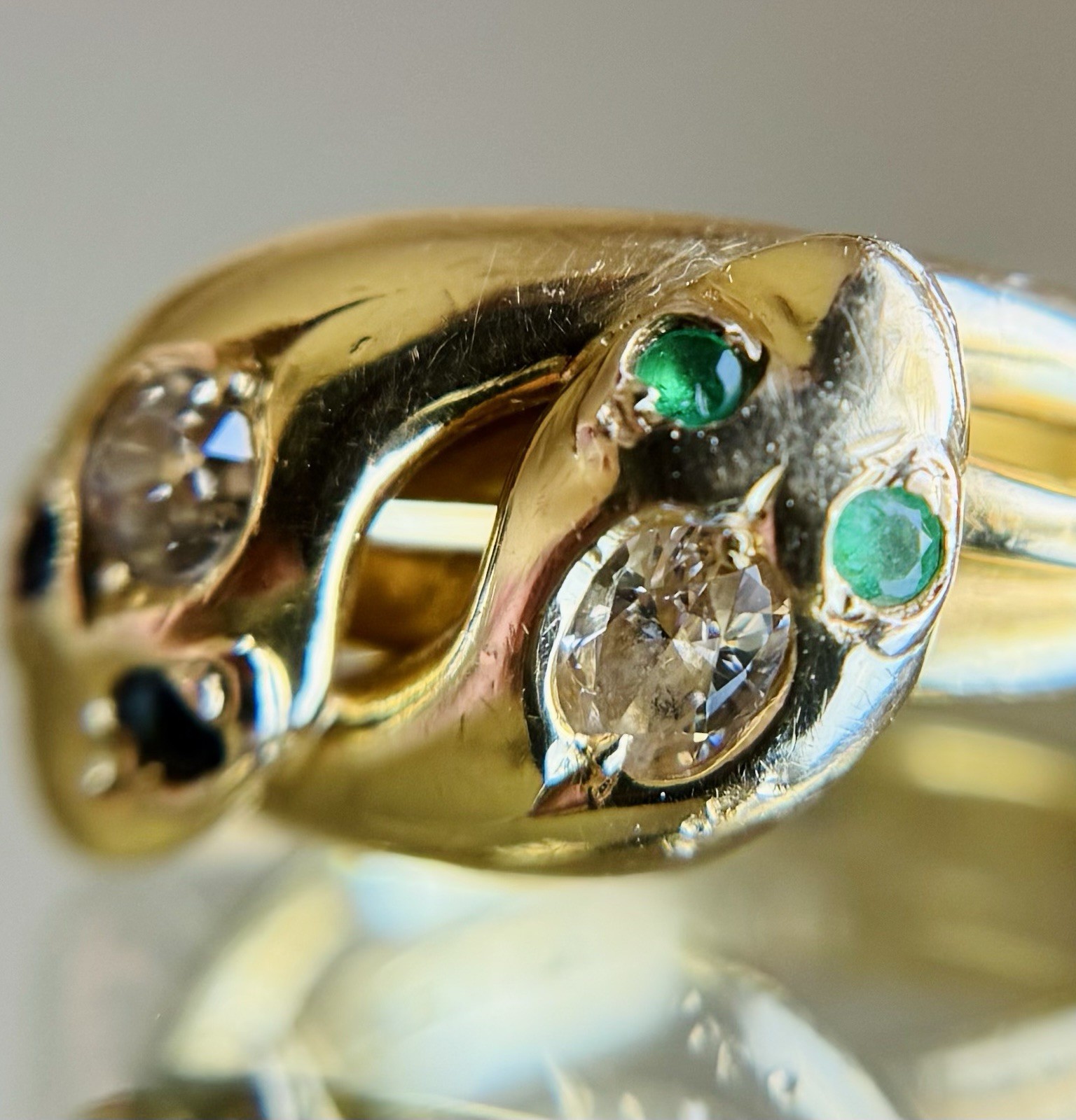 Antique Victorian 18K Gold Diamond Sapphire Emerald Double Snake Ring Sz 7.75 8g