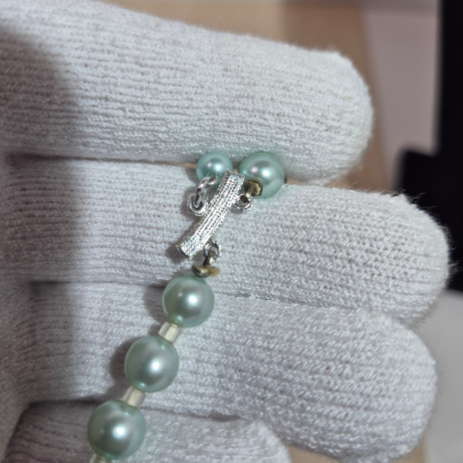 Vintage Seafoam Green Faux Pearl Y-Drop Necklace and Cluster Clip-On Earrings