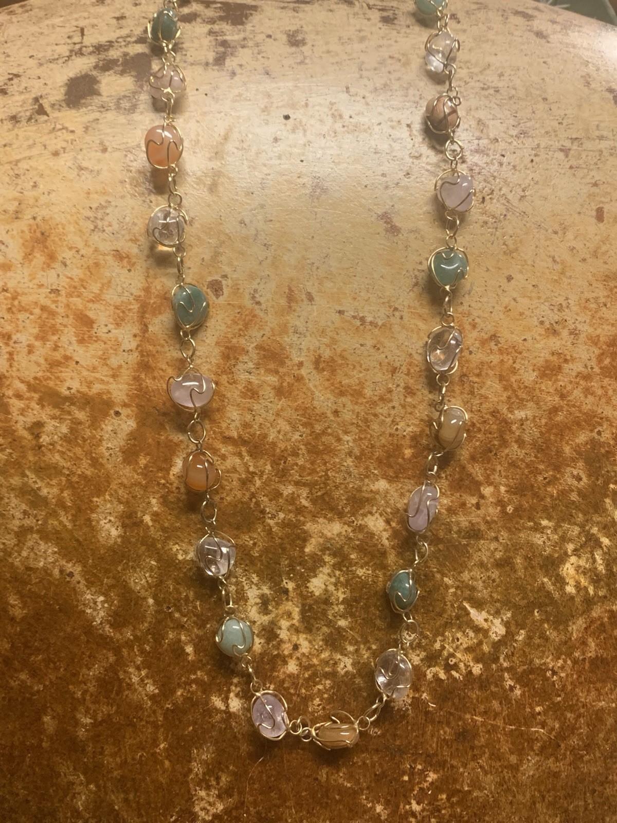 Gold & Natural Gemstone Cage Necklace 24 Inches Vintage