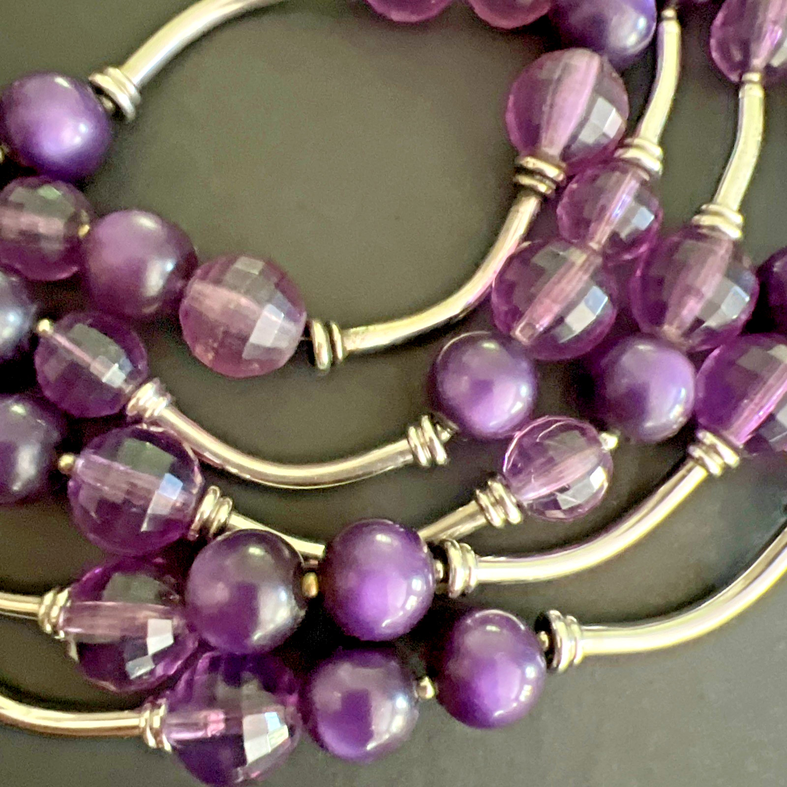 Vintage SIGNED DEMARIO AMETHYST & SILVER BEAD NECKLACE & EARRING SET / 6 STRAND