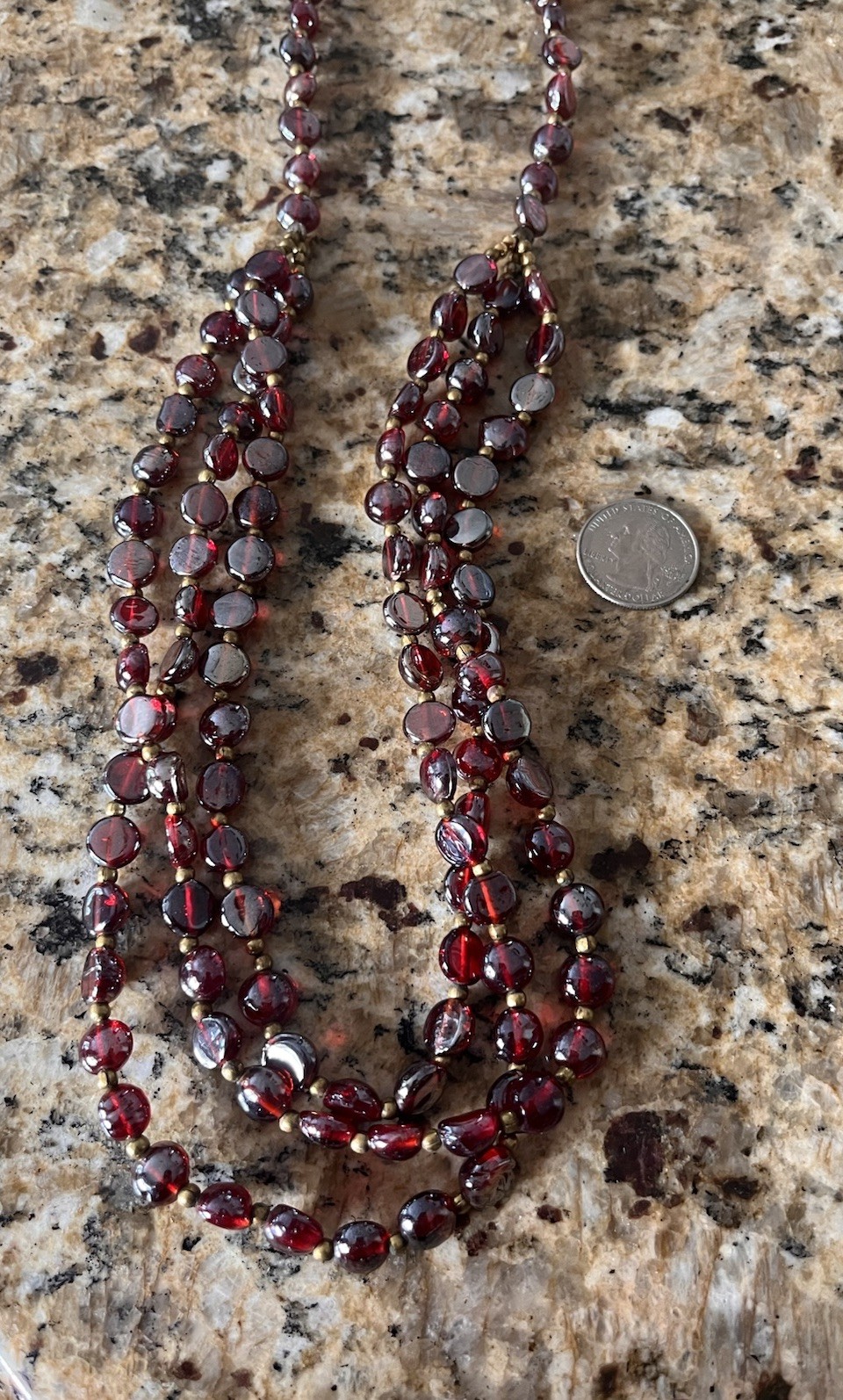 Vintage Red Garnet Iridescent Glass Gold Beaded Triple Layered 30” Bib Necklace