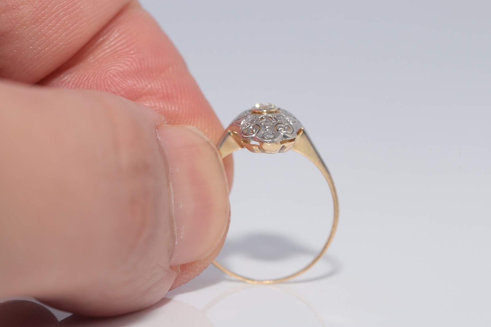 Antique Circa 1920s Art Deco 14k Gold Natural Diamond Decorated Navette Ring