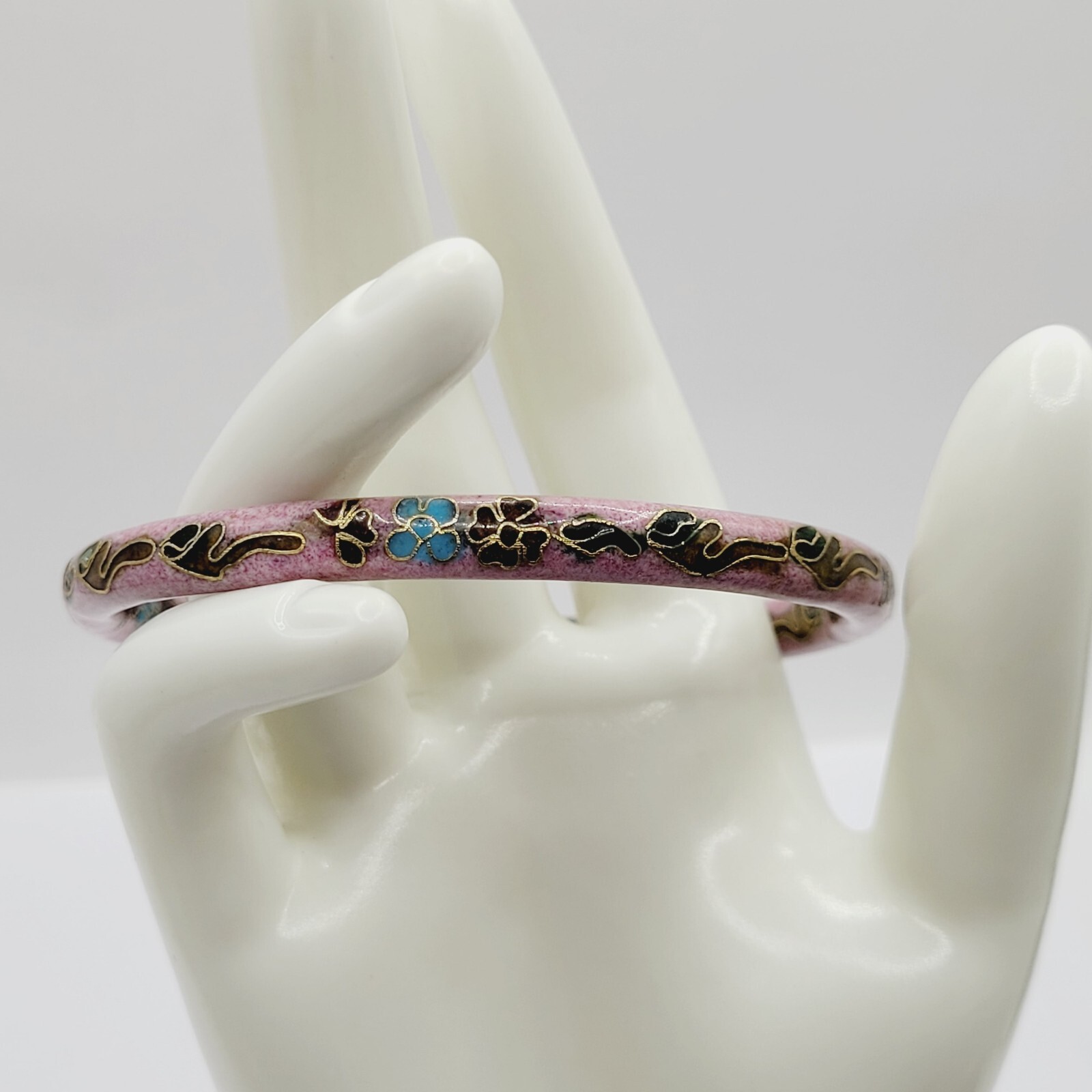 Cloisonné Asian Inspired Rose Mauve Color Floral Hand Painted Bangle Bracelet