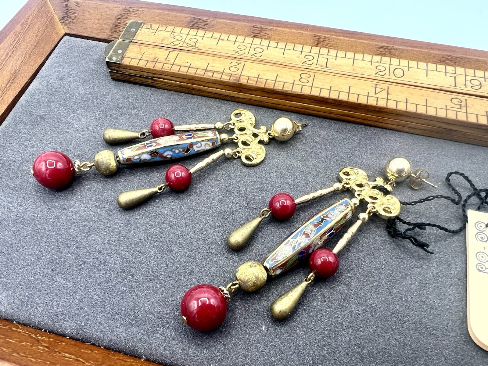 Vintage Gold Red Cloisonné Bead Artisan Dangle Earrings New Old Stock NOS