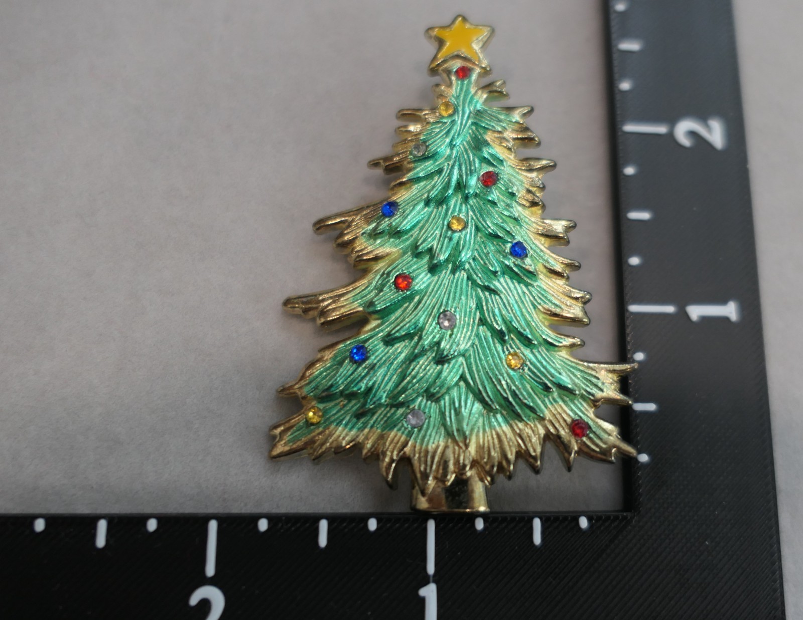 Vintage Gold Wash Christmas Tree Brooch Enamel Multi-Colored Rhinestones Signed
