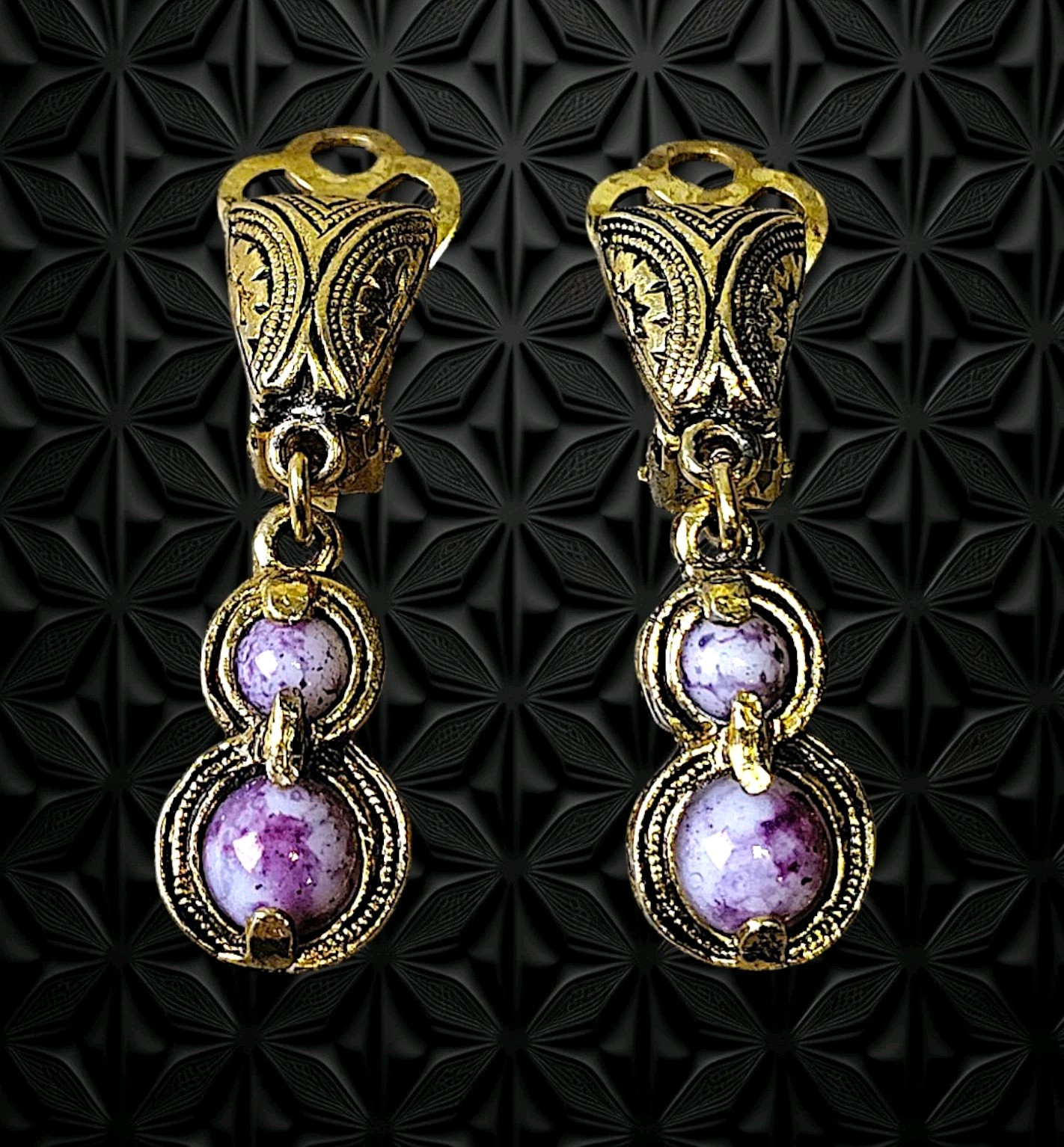 Vintage Gold-Tone Engraved Metal Black Outline With Two Purple Stones