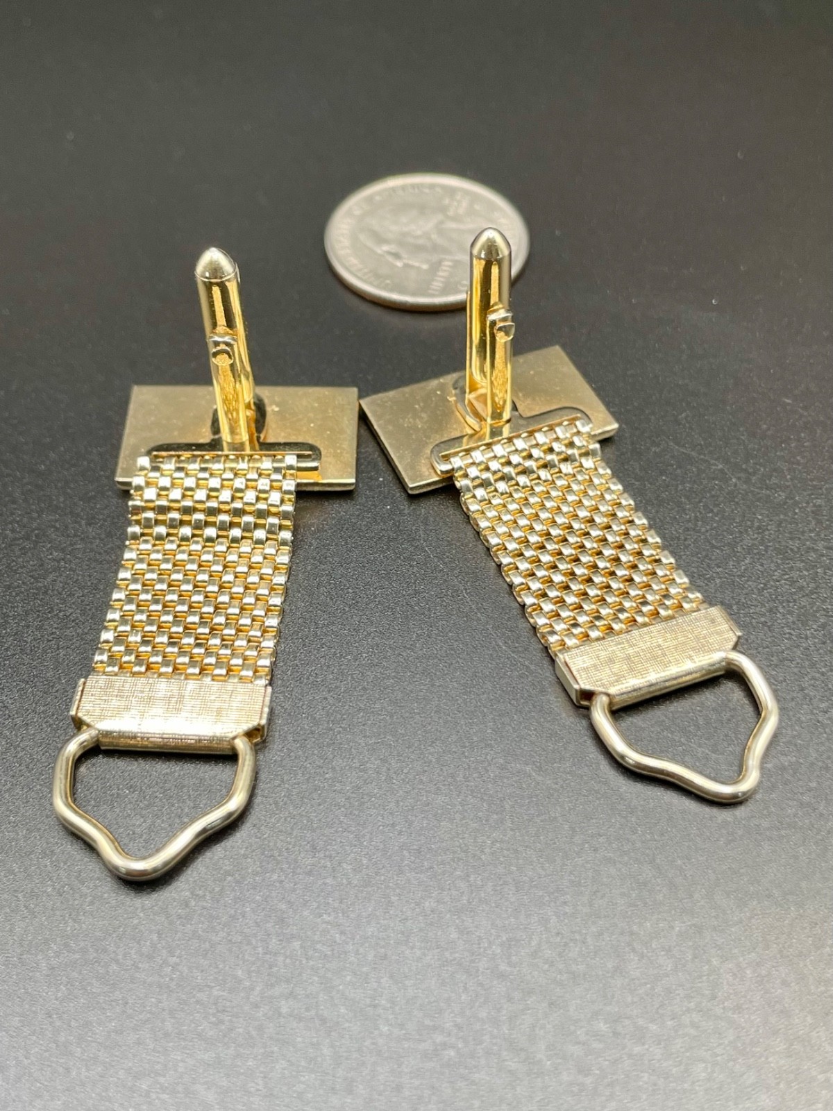 Vintage Gold Tone Wraparound Mesh Cufflinks geometric Diamond Texture Rectangle