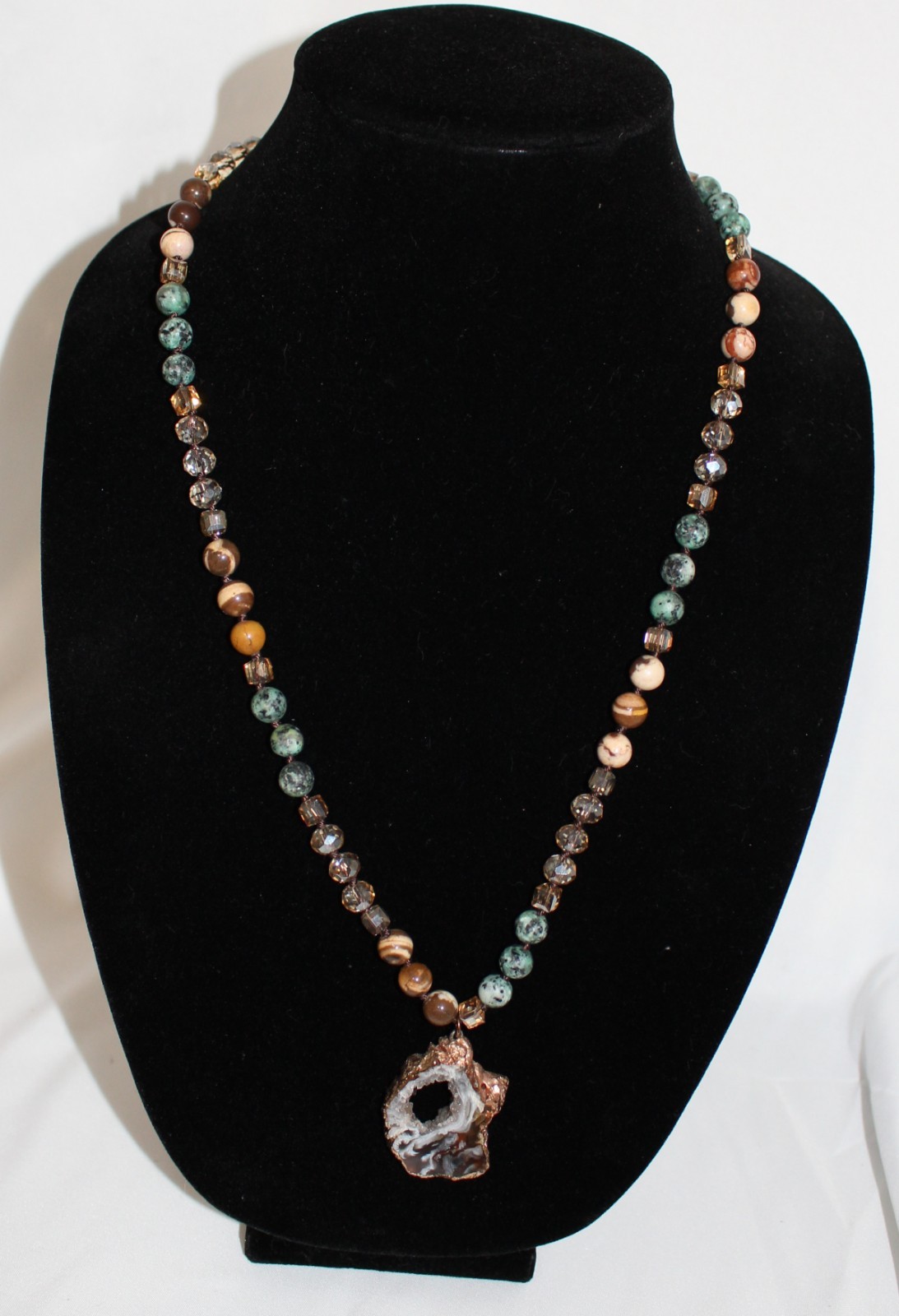Estate Vintage Boho Necklace Crystal Druzy Brown Natural Stone Earthy Colors