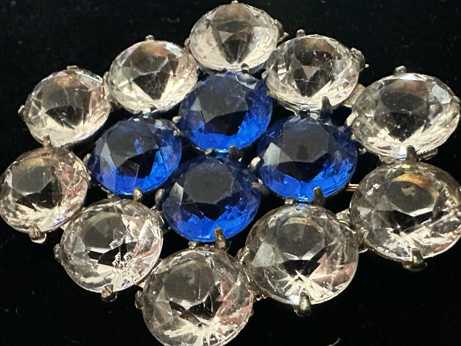 Art Deco Vintage Austrian Czech Clear Blue Crystal Glass SilverTone Brooch Pin