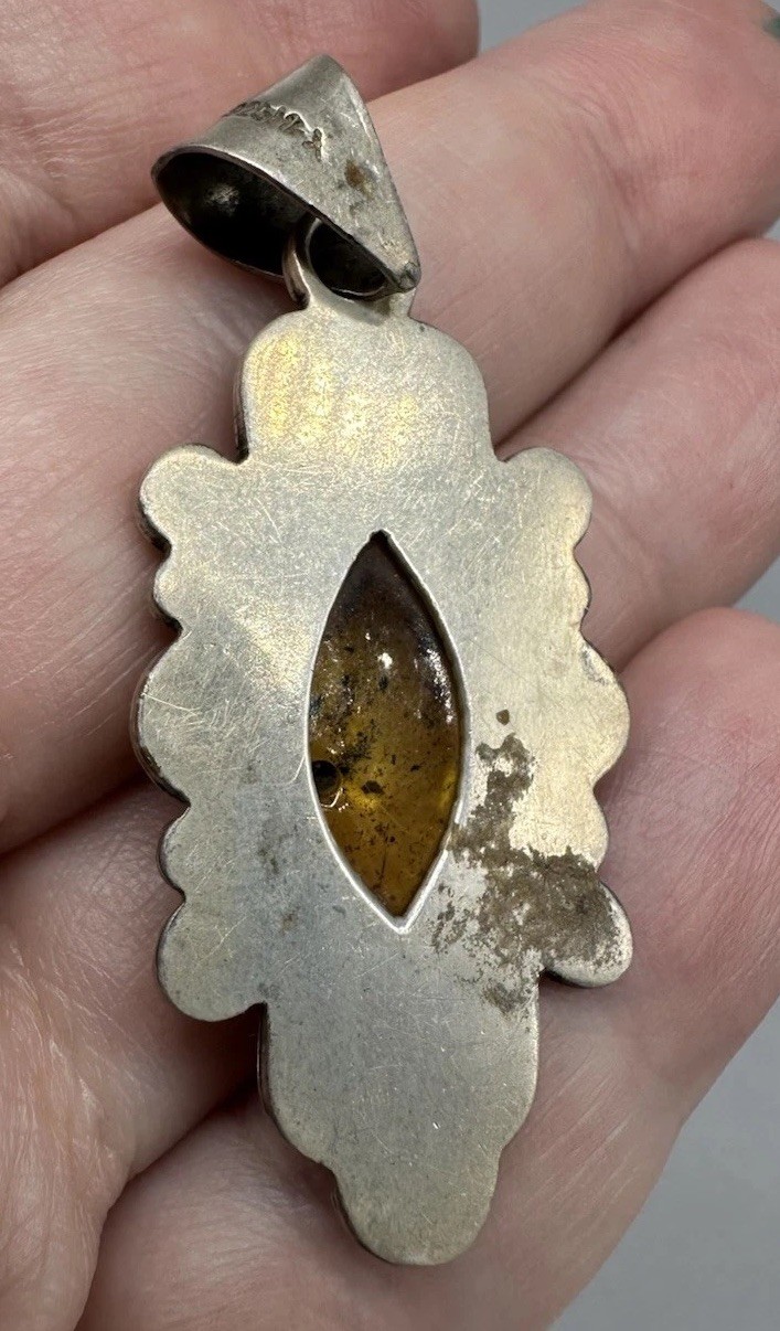 Vintage Sterling Silver Pendant Amber Resin Cabochon Boho Scroll Marquise 2”