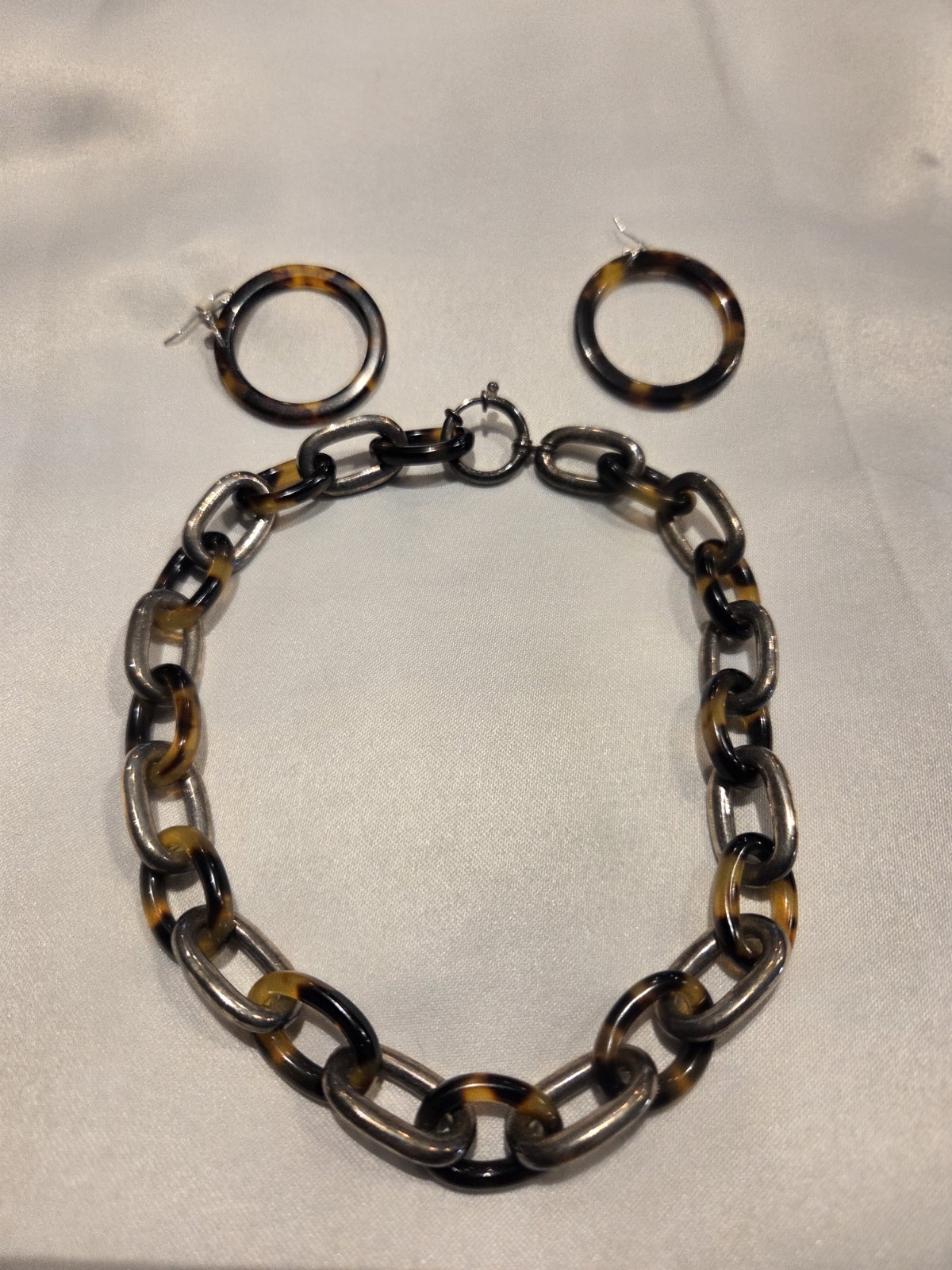Chunky Acrylic Tortoise Shell and Silver Tone Metal Link Necklace and Earrings