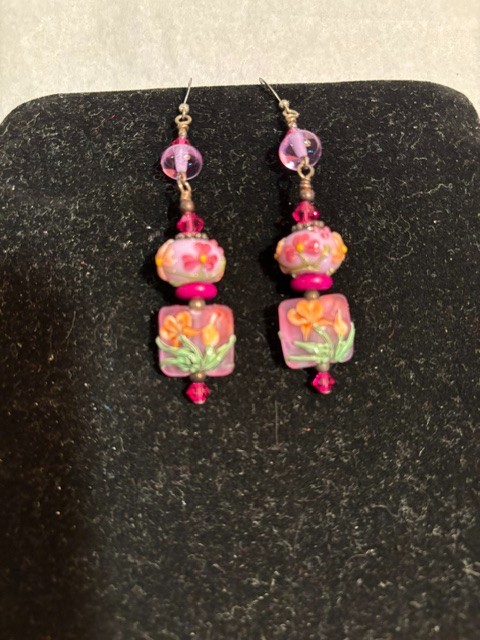 Vintage Artisan Boho Lampwork Glass Floral Dangle Pink And Green Earrings