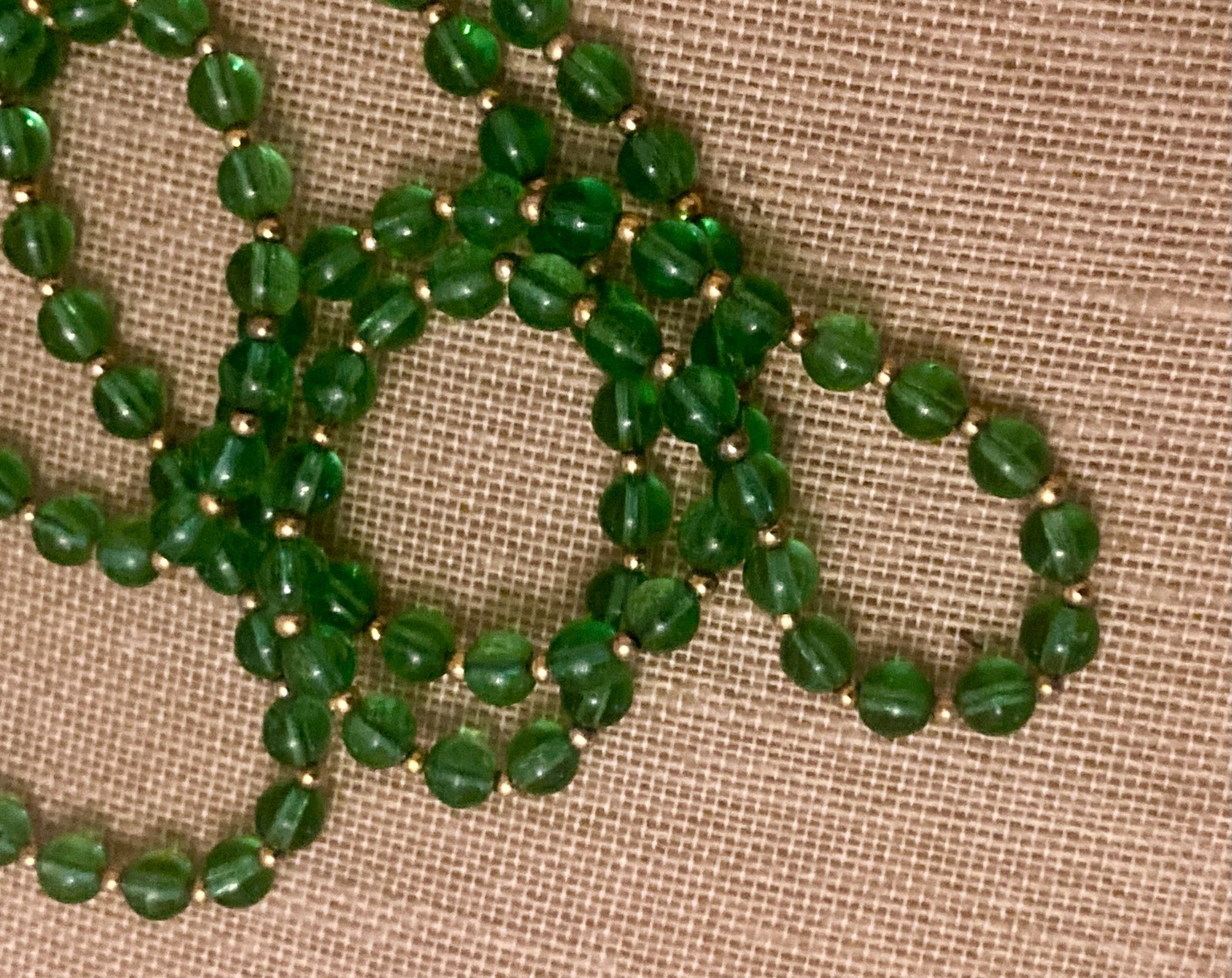 Vintage Glass Beaded Necklace Green Gold Tone 59″ Flapper