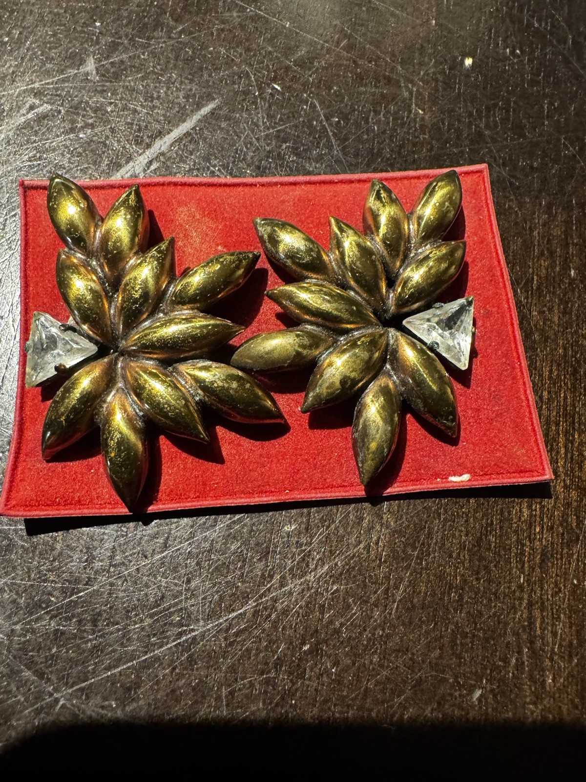 Vintage Brass Leaf Starburst Clip On Earrings Trillion Cut Rhinestone Cluster