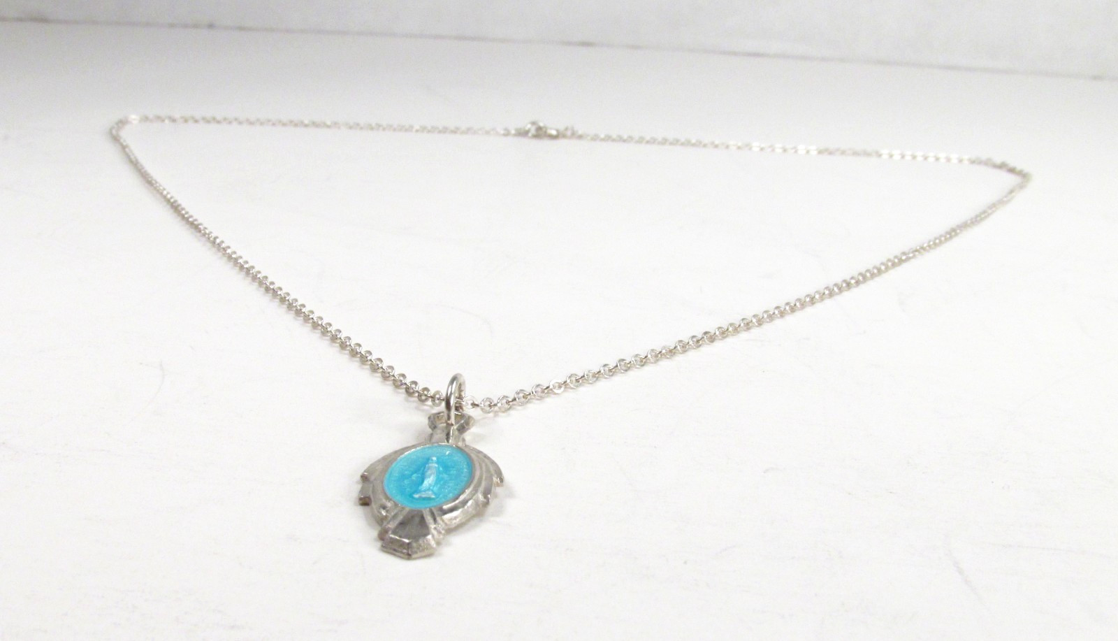 Vtg Catholic Miraculous Medal Sterling Silver Blue Enamel Art Deco Necklace 18″
