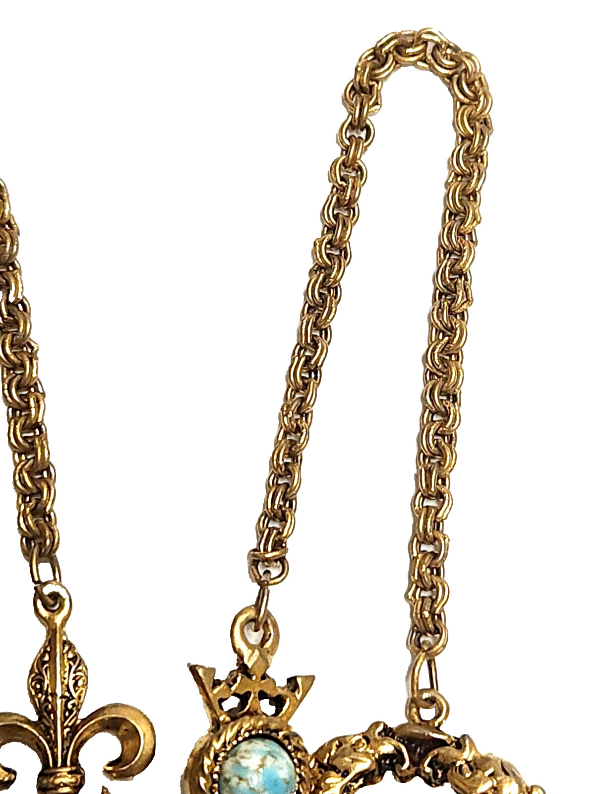 Vintage Unsigned Goldette Fluer de Lis, Faux Gemstone. Key Station Necklace 54″