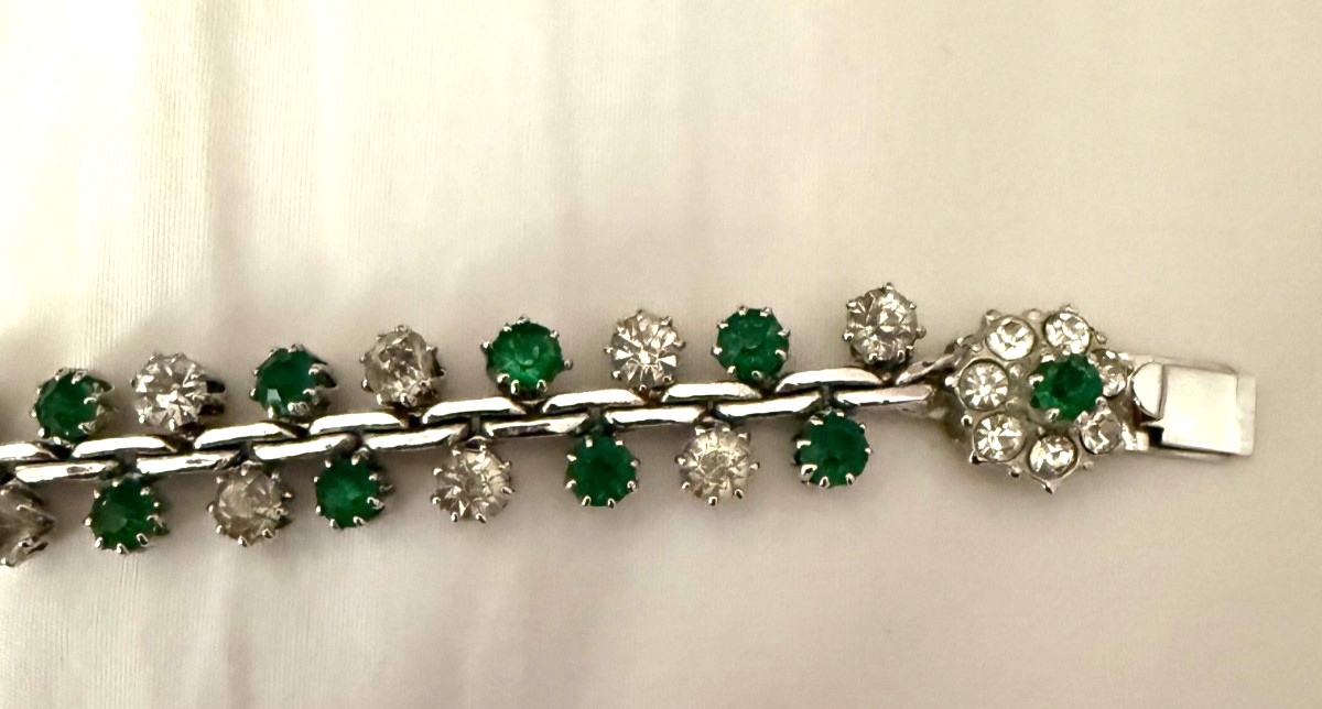 Vintage Crystal Emerald Diamond Rhinestone Silver Bracelet 7.25 inches Ornate