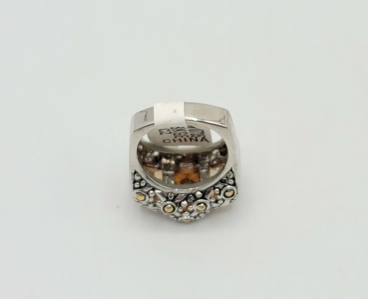 Vtg Ring Sz 7 Lg Topaz Citrine Amber Cubic Zirconia Statement Fashion Jewelry