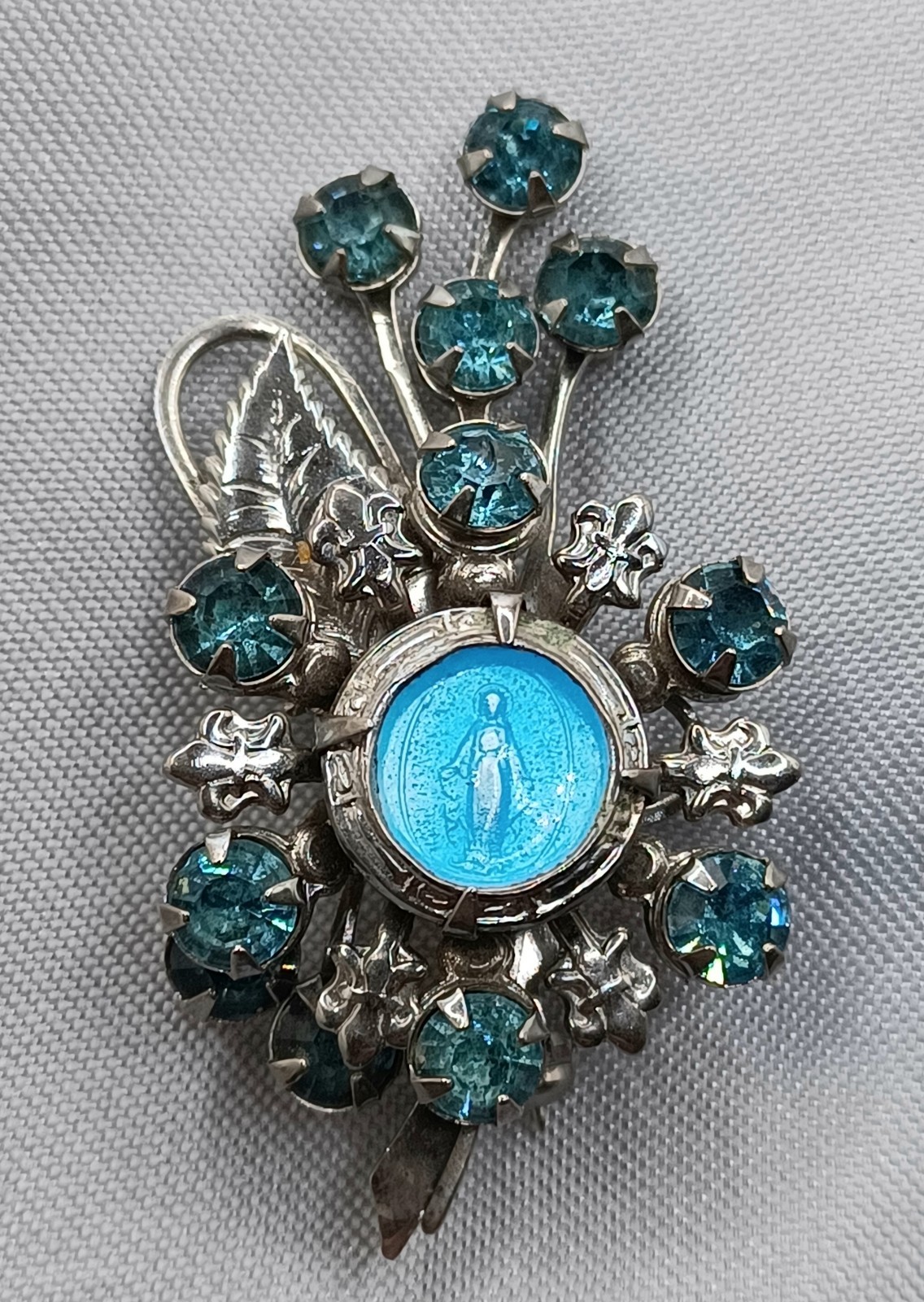 Vintage Virgin Mary Brooch Silver Tone Blue Enamel Mary Pale Blue Rhinestones
