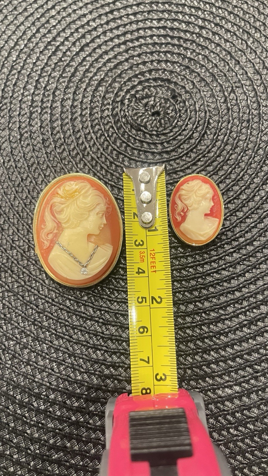 Vintage Cameo Portrait Oval Brooch Pin Set Gold Tone Cream Orange, Lot of 2