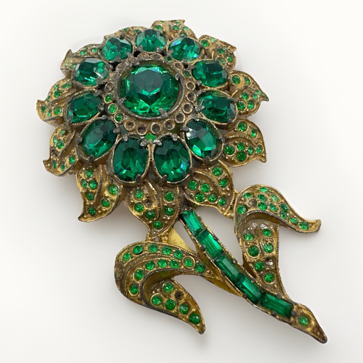 Vintage Pot Metal Dress Clip Flower Gold Tone Green Rhinestones 3″