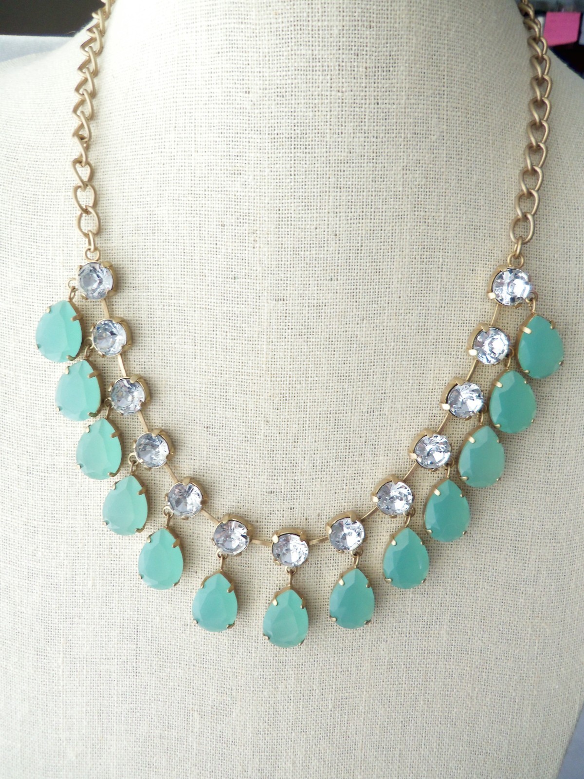 Danielle Stevens Mint Green Lucite Crystal Stones Fringe Bib Statement Necklace