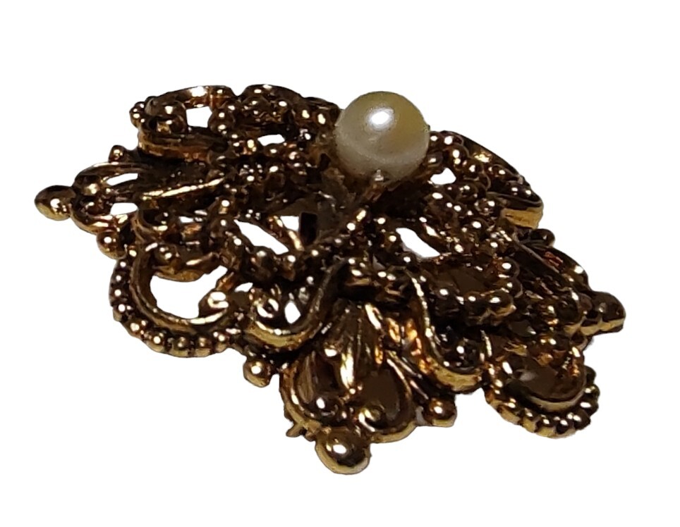 Tacoa Raised Relief Brooch Pin Faux Pearl Floral Filigree Gold Tone Vintage