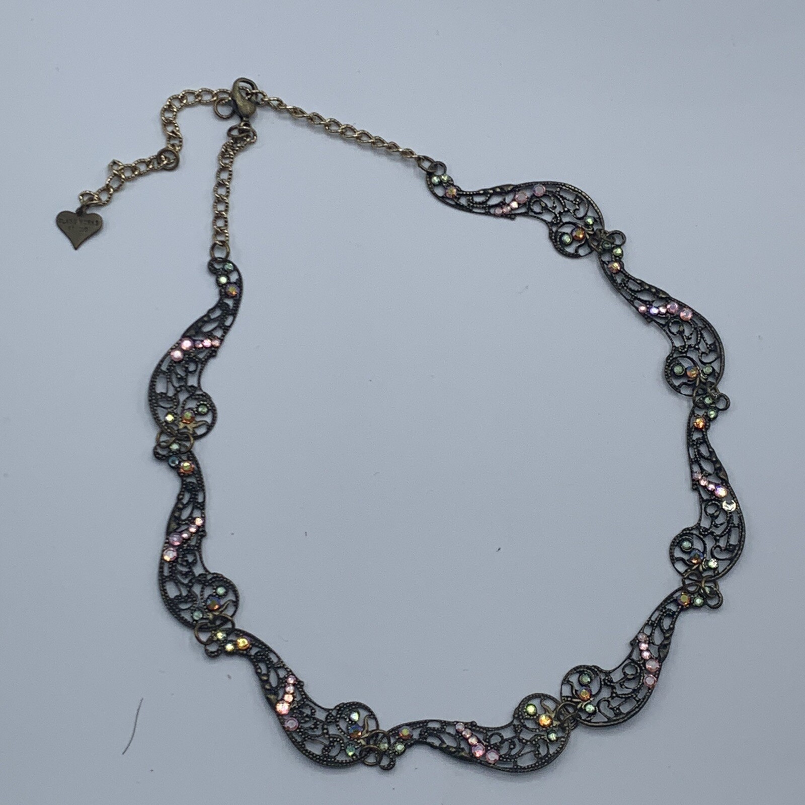 Glass Works Studio Brass Crystals Art Deco Style Dainty Necklace Flawed 14-18″