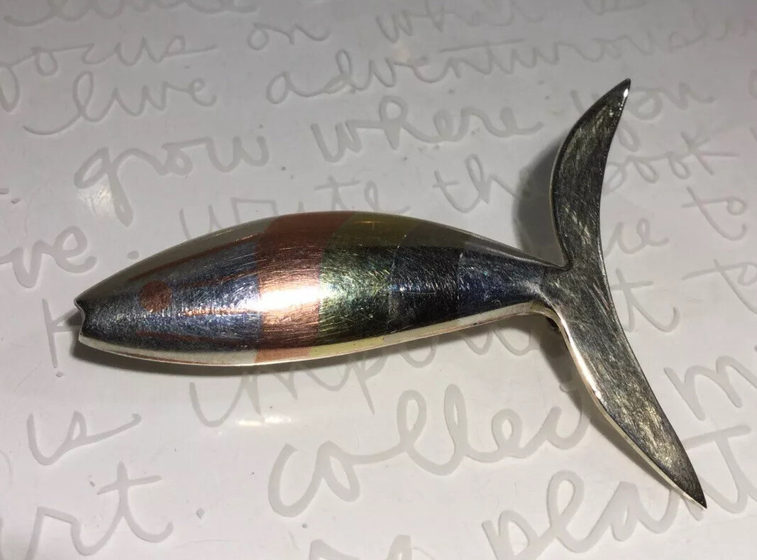 LOS CASTILLO Taxco Married Metals 925 Sterling Copper Brass FISH Brooch 10g