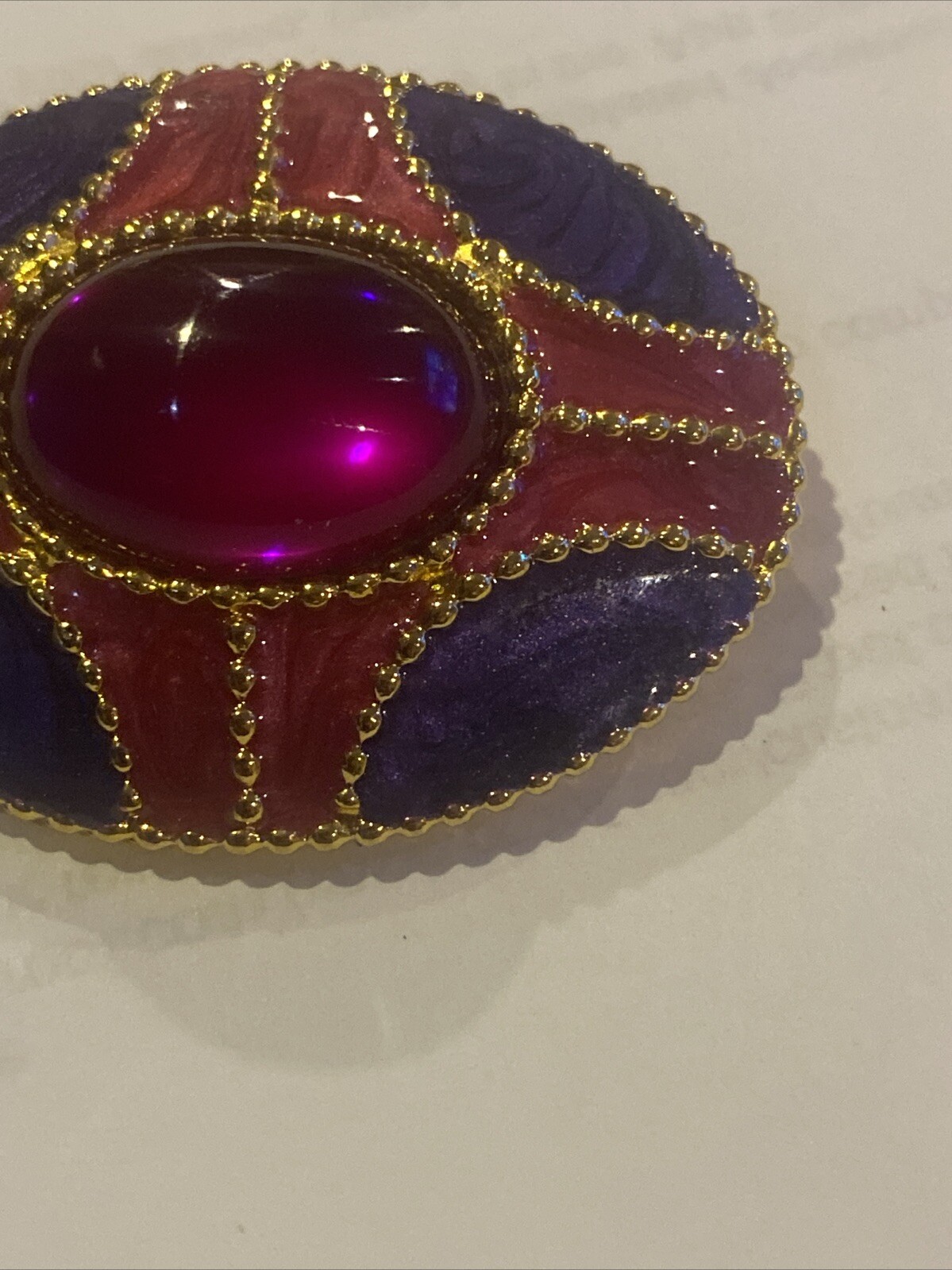 Vintage Gripoix Pink Cabochon W/ Purple Pink Enamel Oval Golden Brooch 2”
