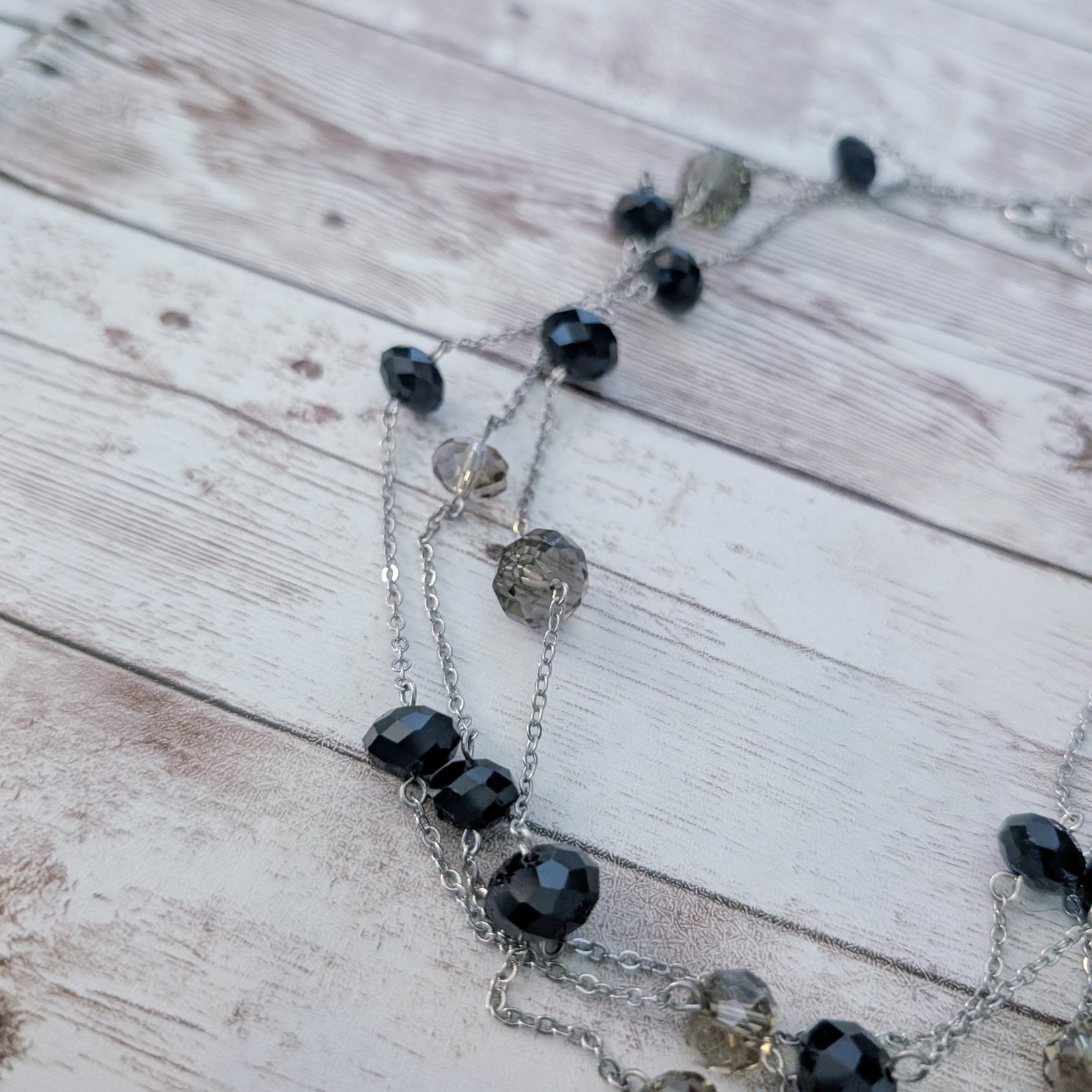 Vintage Necklace Layered Silver Tone with Black & Grey Beads
