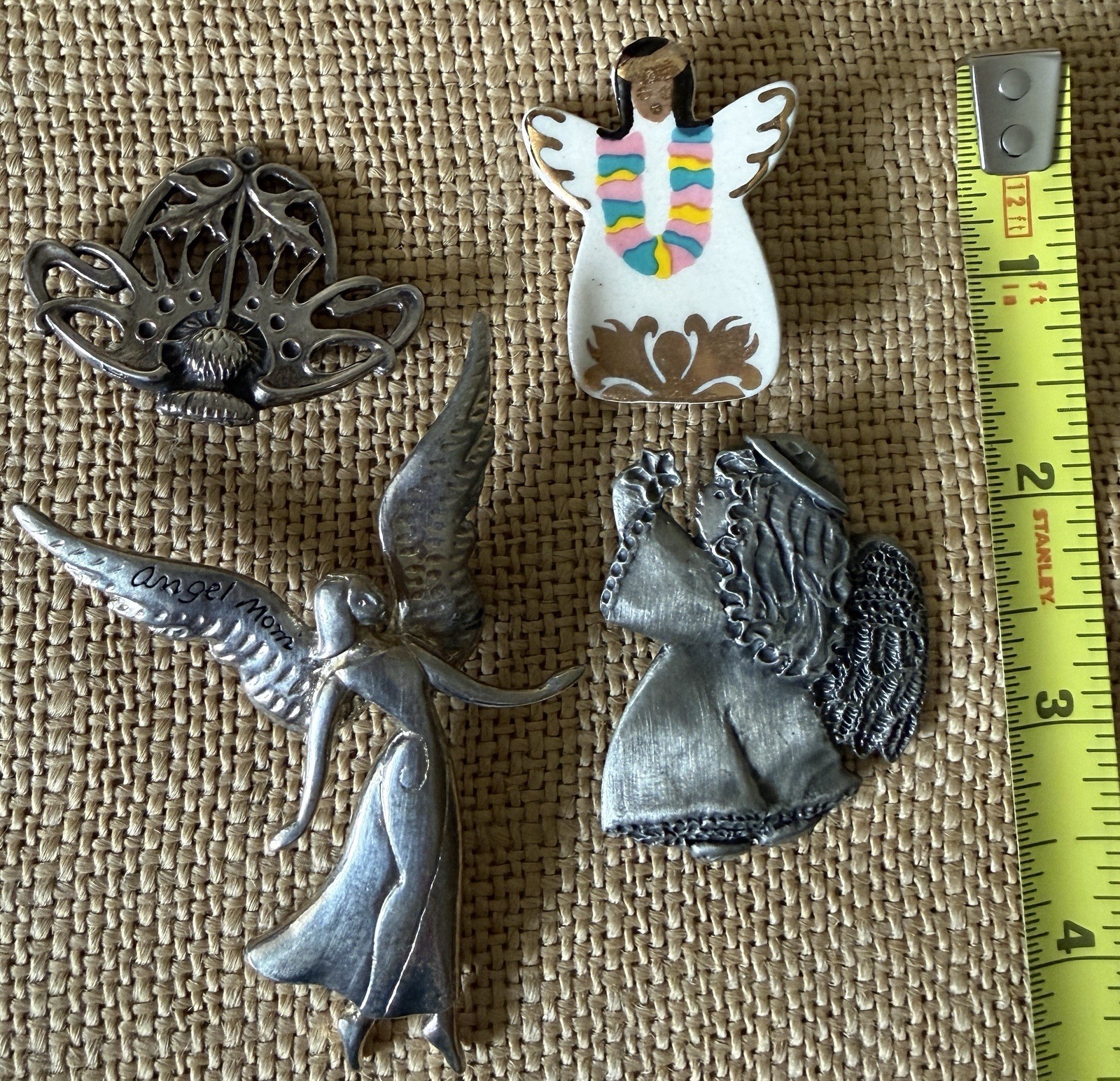 Vintage Antique Angel Lotus Brooch Pins 4 Pewter Ceramic KAHA | HMK. CDS | EUC
