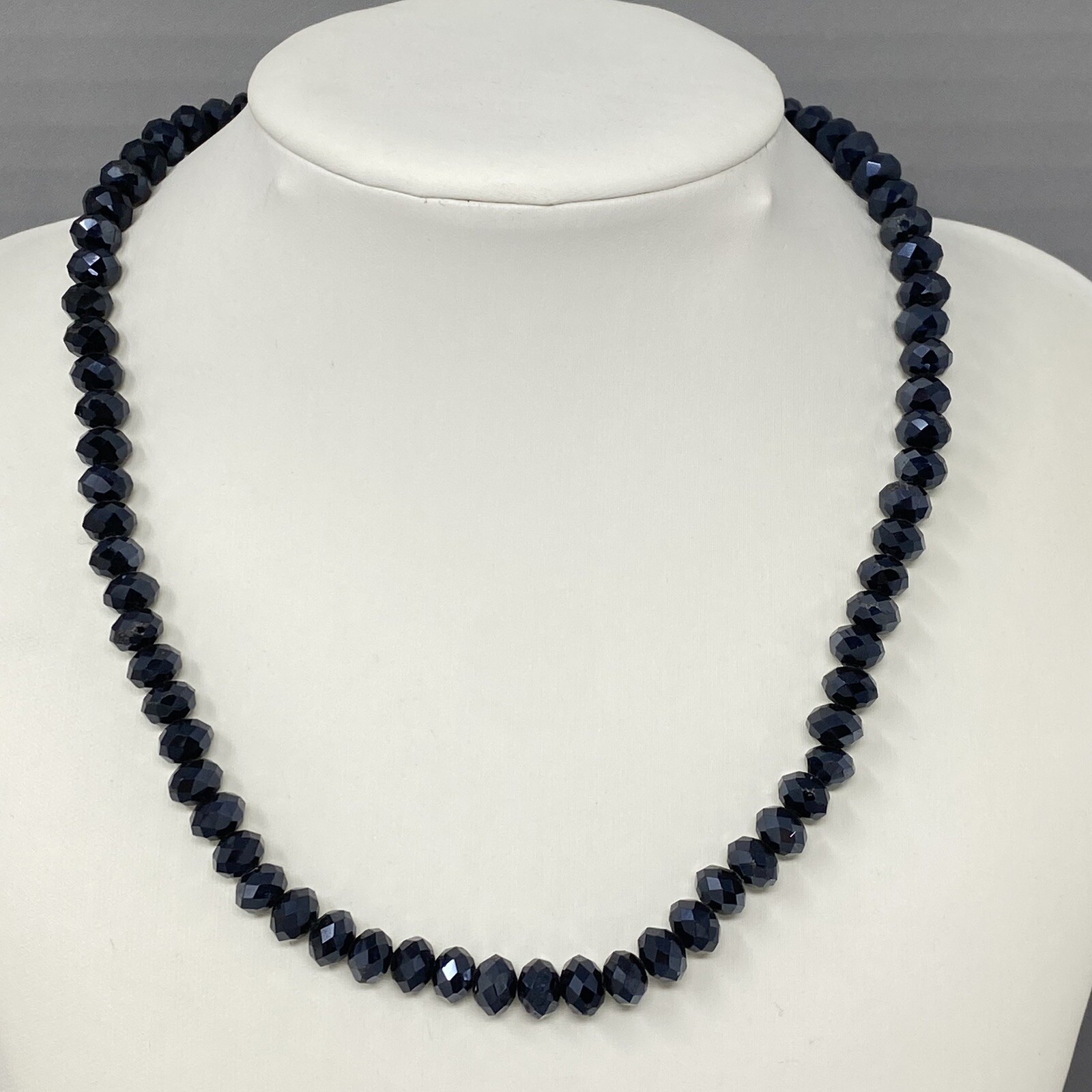 Blue Glass Bead Necklace Iridescent Round Faceted Dark Fire Polished Collar 18″