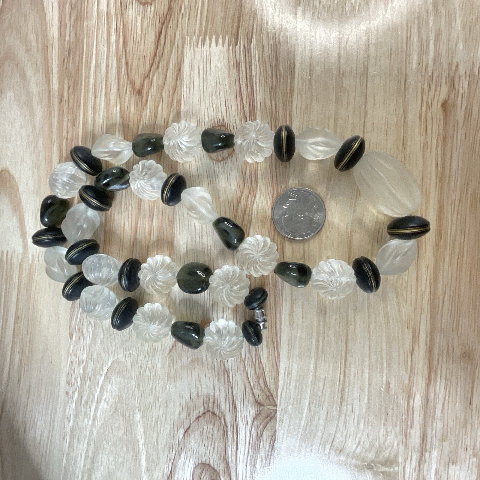 Vintage Frosted Lucite Bead Necklace Black Wood & Glass Chunky Retro 1980s 25″