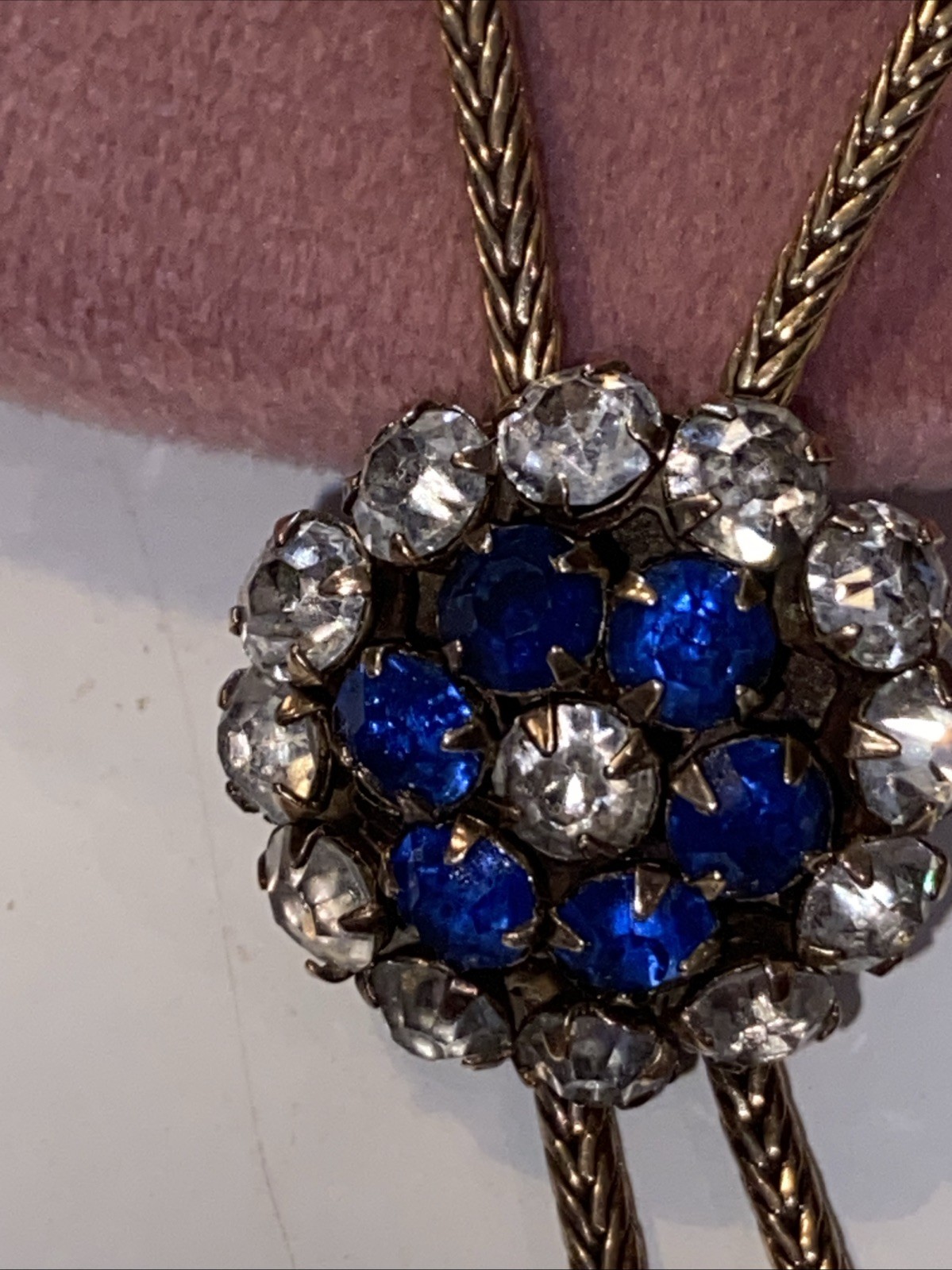 ANTIQUE VINTAGE SAPPHIRE CLEAR PASTE STONES BOLO FIX TAIL CHAIN NECKLACE 19 3/4”