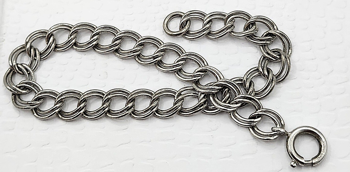 Vintage Danecraft Sterling Silver Double Link Starter Charm Bracelet 7 & 3/4″