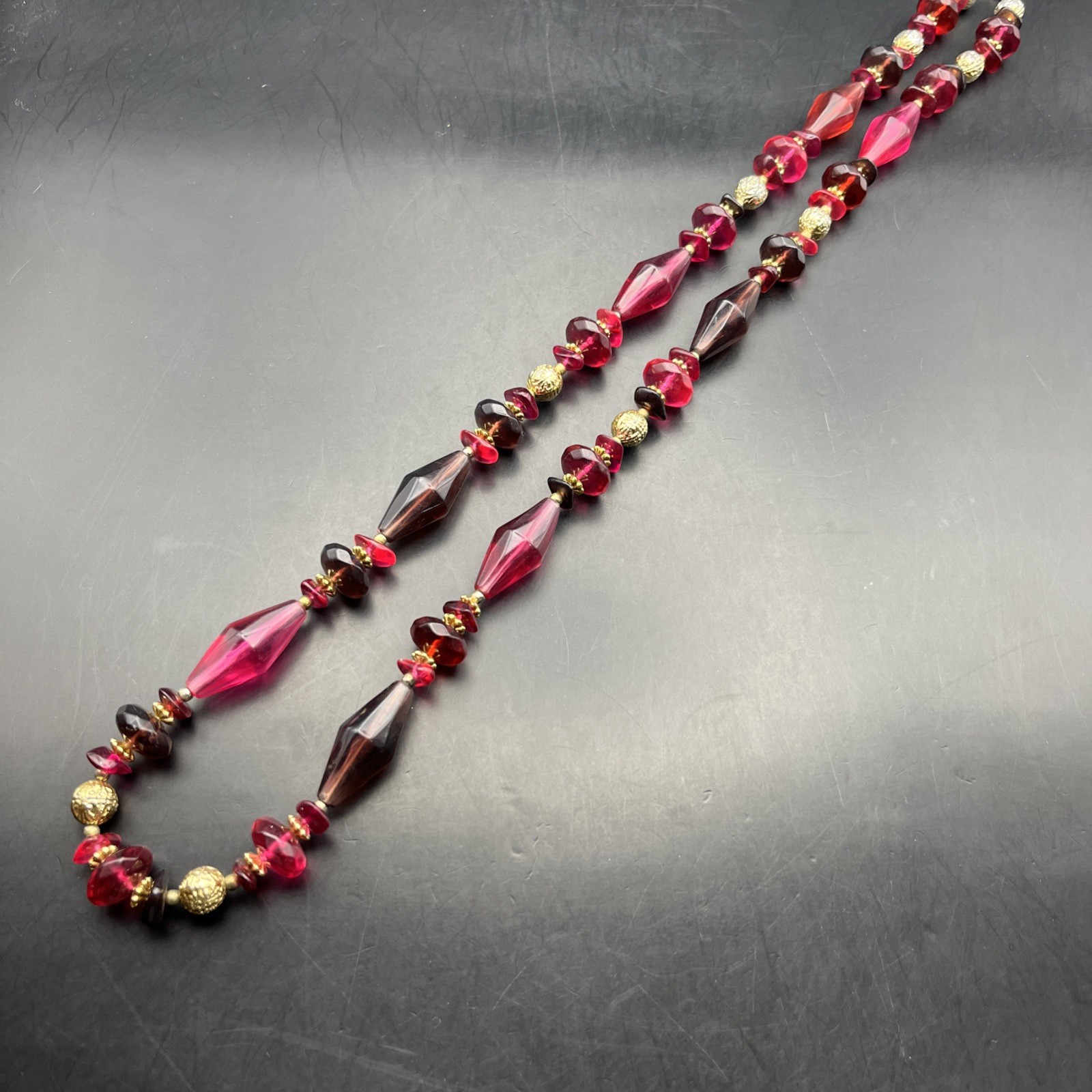 Pink Red Lucite Bead Necklace Long 30 Inch Purple Gold Tone Colorful Vintage