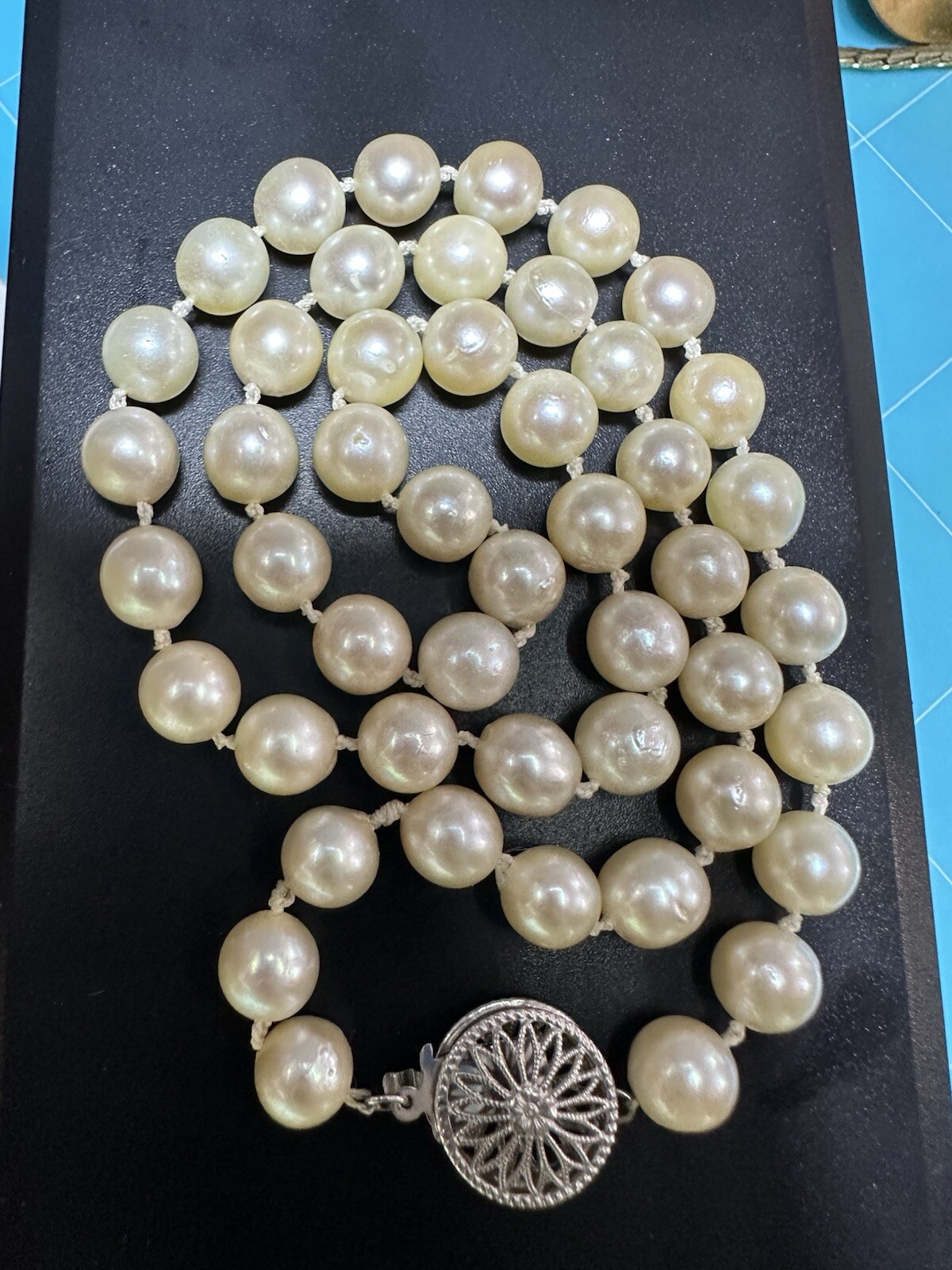 VTG Genuine Cultured 7mm Pearl Necklace W Signed 14K Gold Clasp 17.5” 27.39g