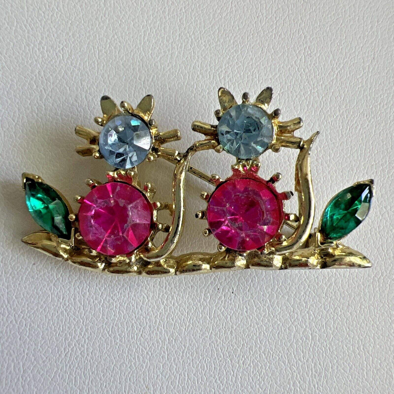 Vintage Pink, Emerald Green & Light Blue Rhinestone Cat Pin Brooch