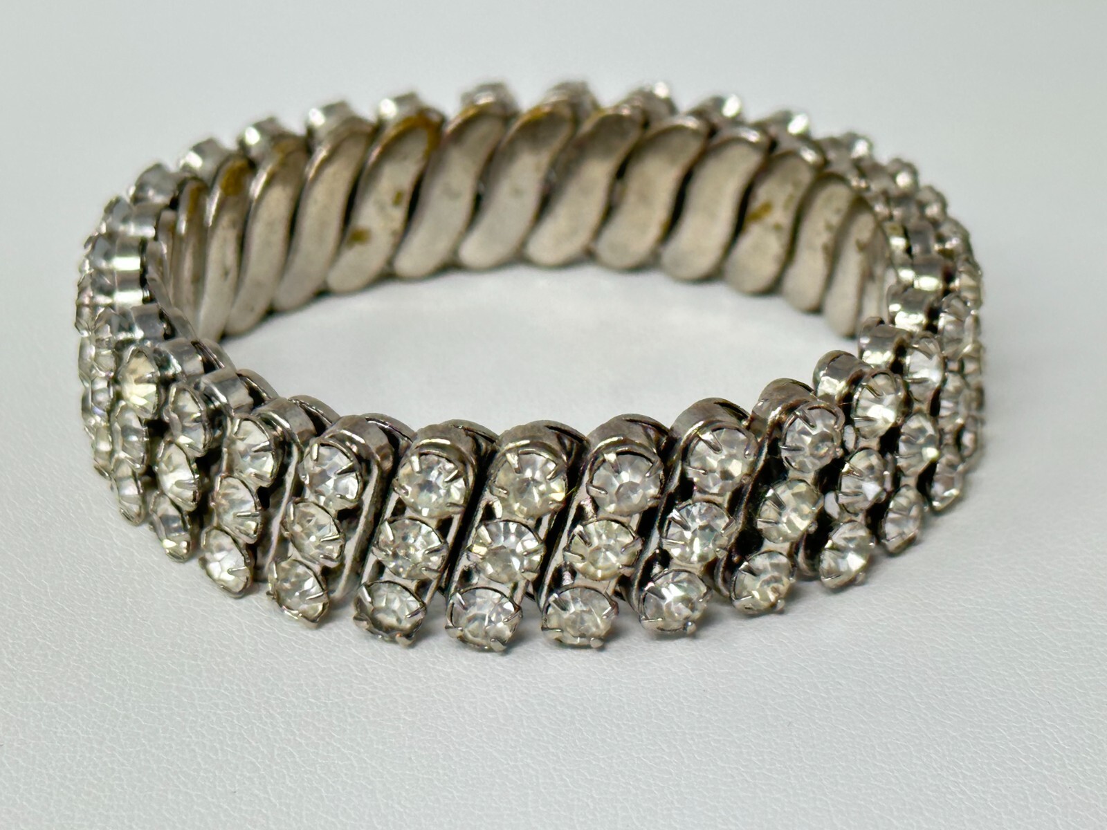 Vintage 3-Rows of Clear Rhinestones Watch Band 6″ Stretch Bracelet