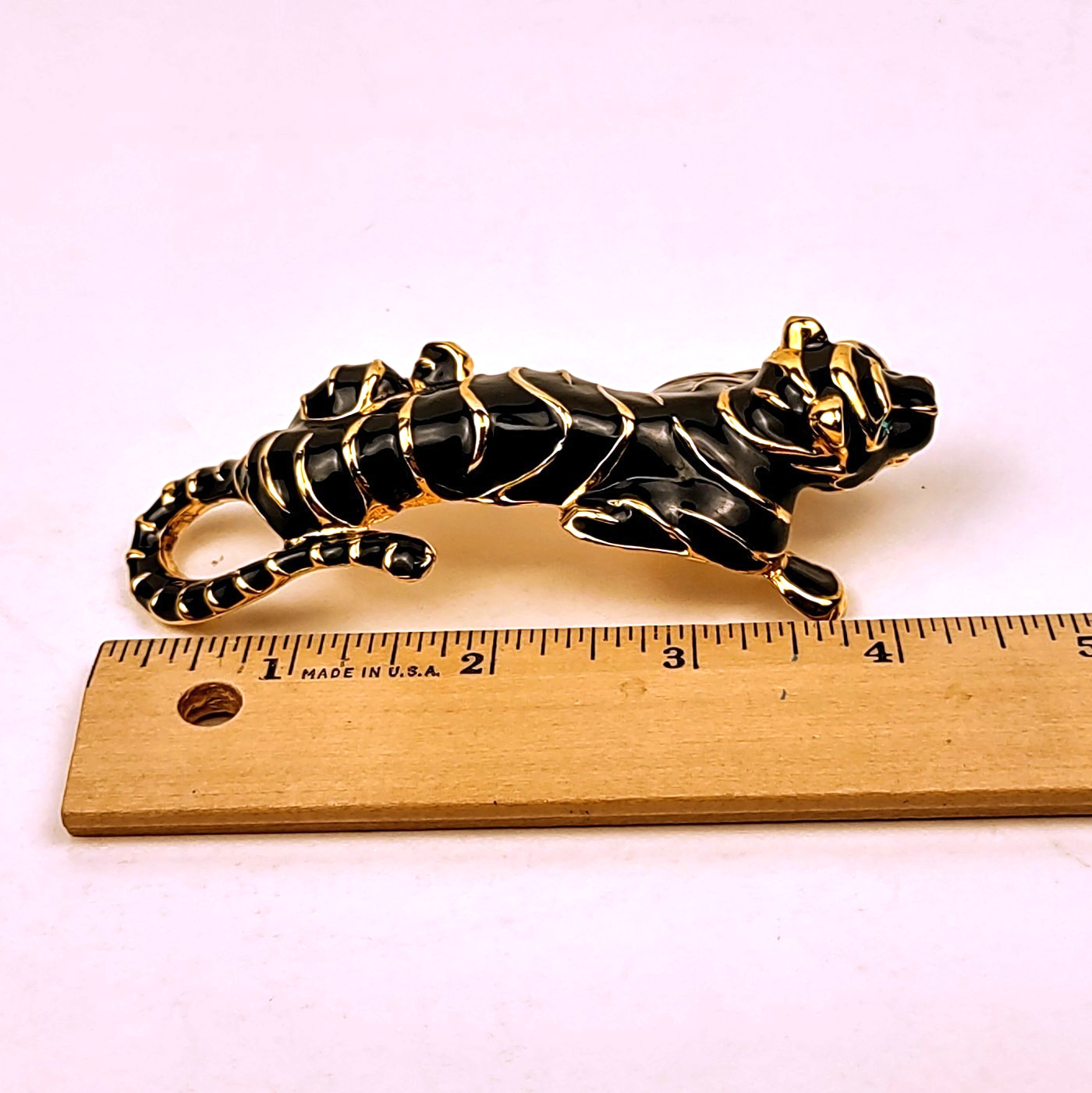 Tiger Brooch Black Enamel Gold Colored Metal Stripes Green Rhinestone Eyes 4.5″